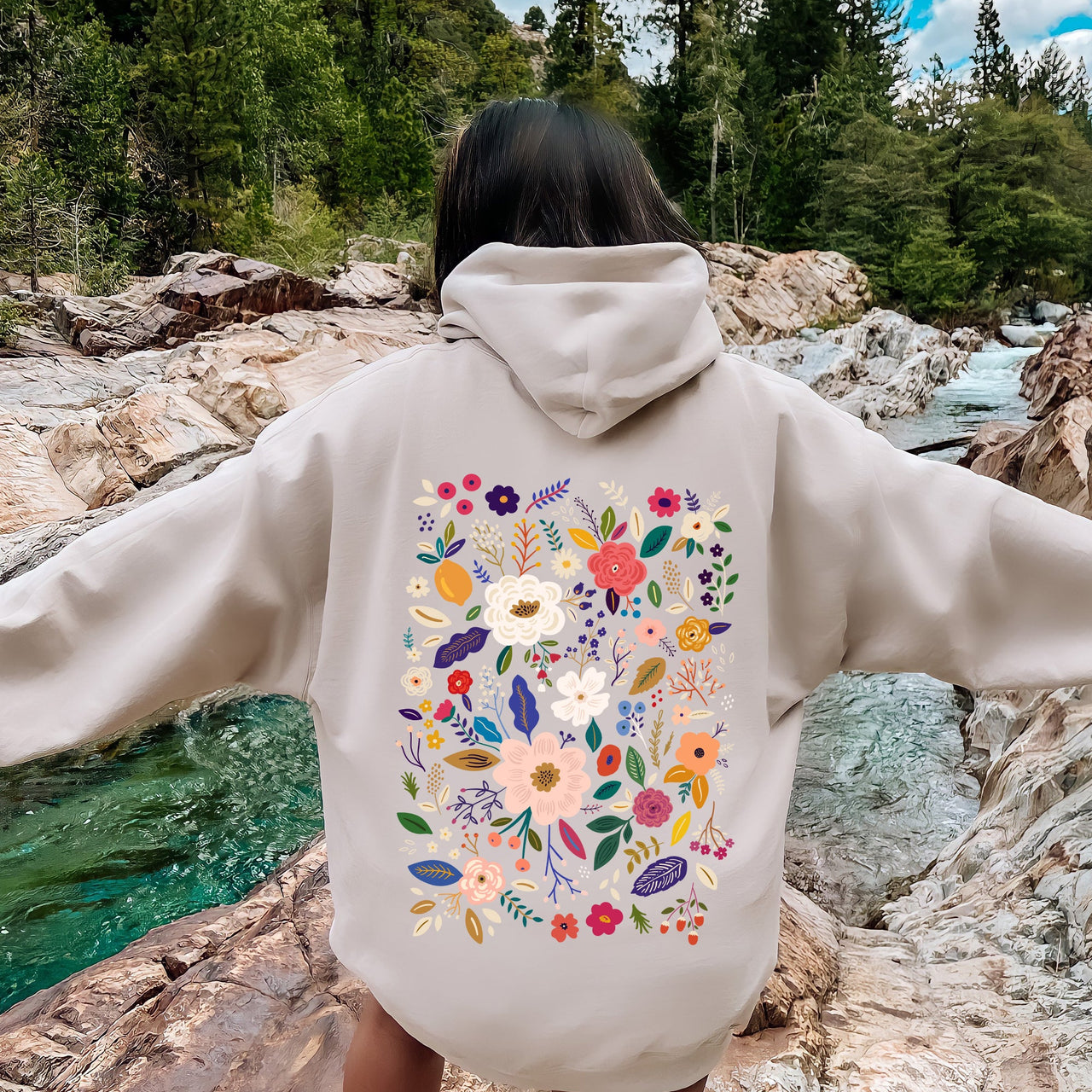 Bloom Brilliance Color-Infused Floral Print All-Over Garden Motif With Petal Shimmer Accent Hoodie