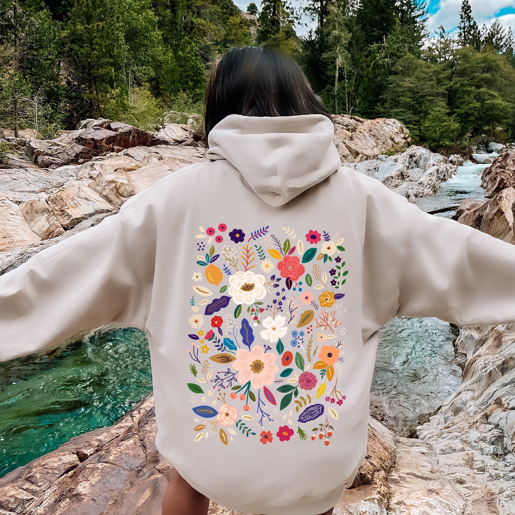 Bloom Brilliance Color-Infused Floral Print All-Over Garden Motif With Petal Shimmer Accent Hoodie