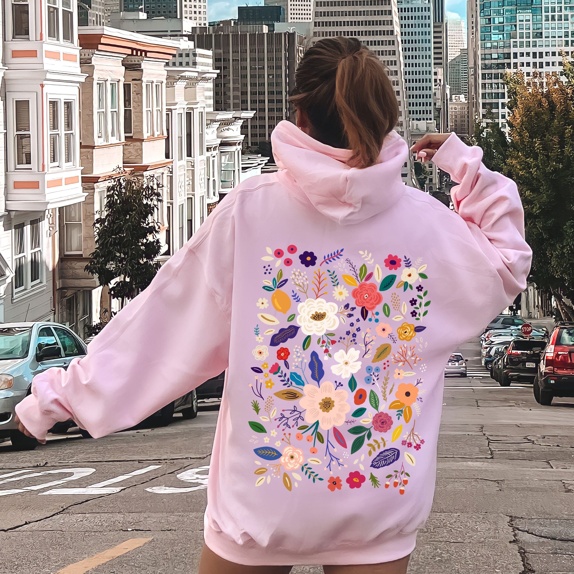 Bloom Brilliance Color-Infused Floral Print All-Over Garden Motif With Petal Shimmer Accent Hoodie