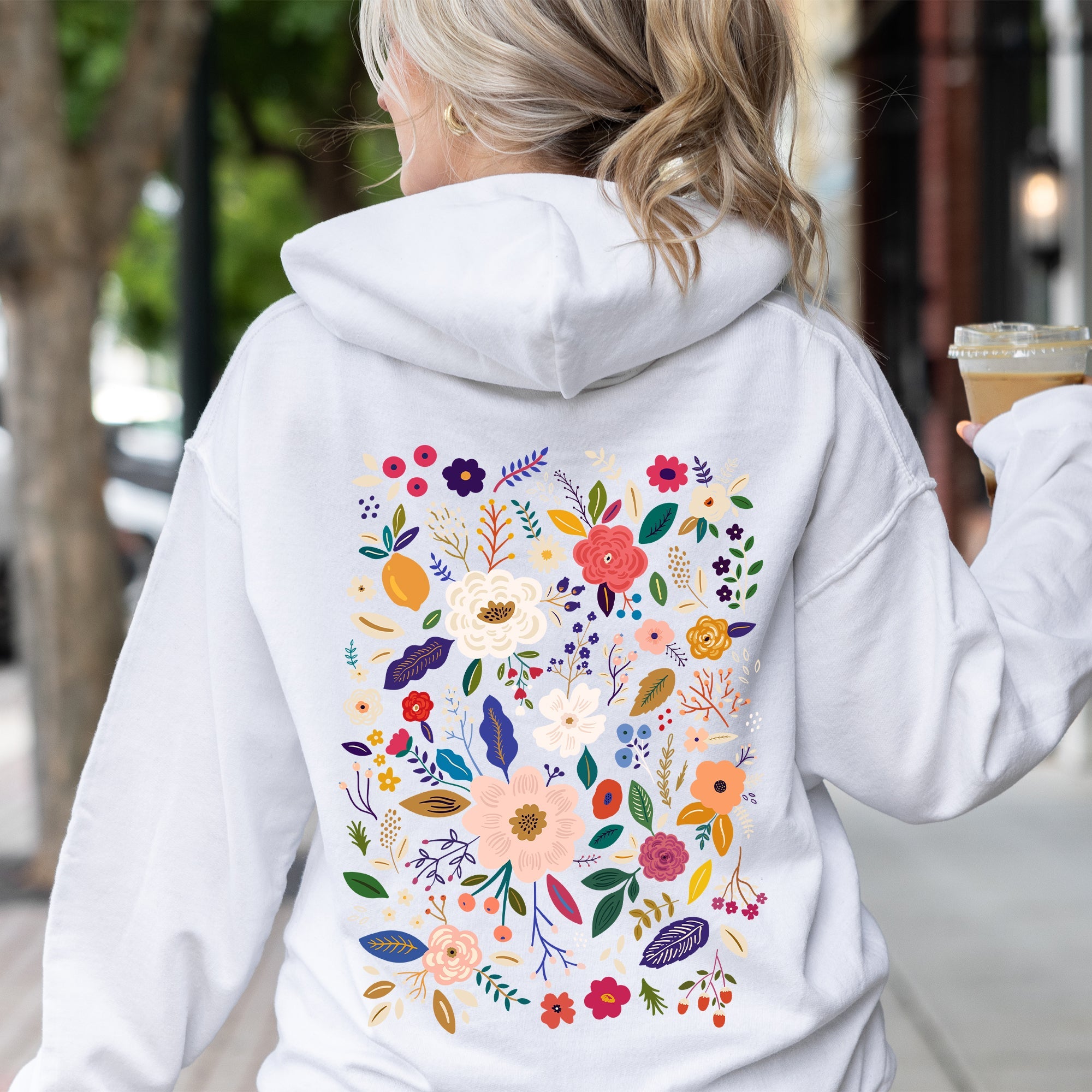 Bloom Brilliance Color-Infused Floral Print All-Over Garden Motif With Petal Shimmer Accent Hoodie