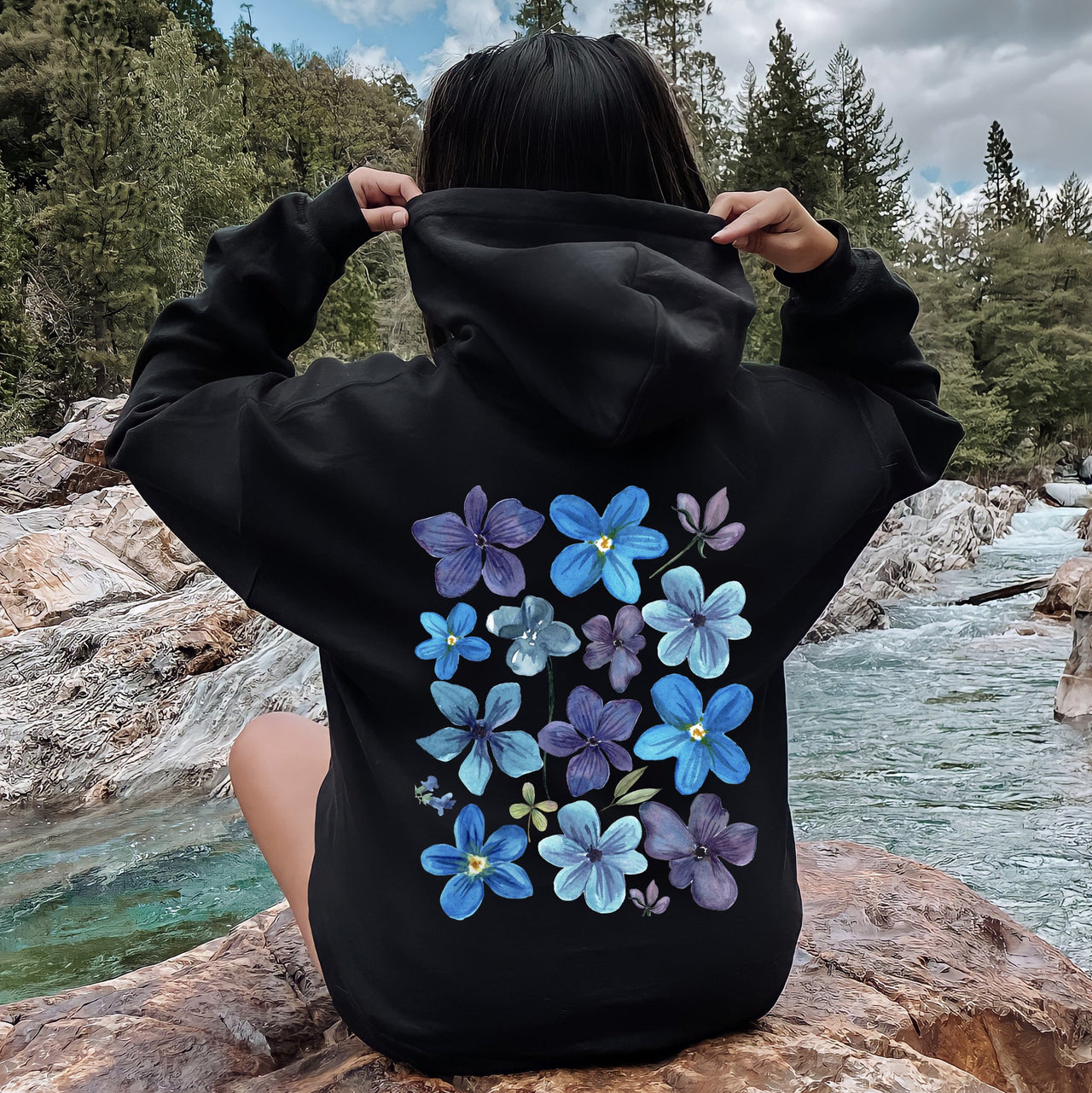 Bold Floral Blues Pressed Flowers Nature Garden Sunset Motif Reimagined Vintage Graphics Hoodie