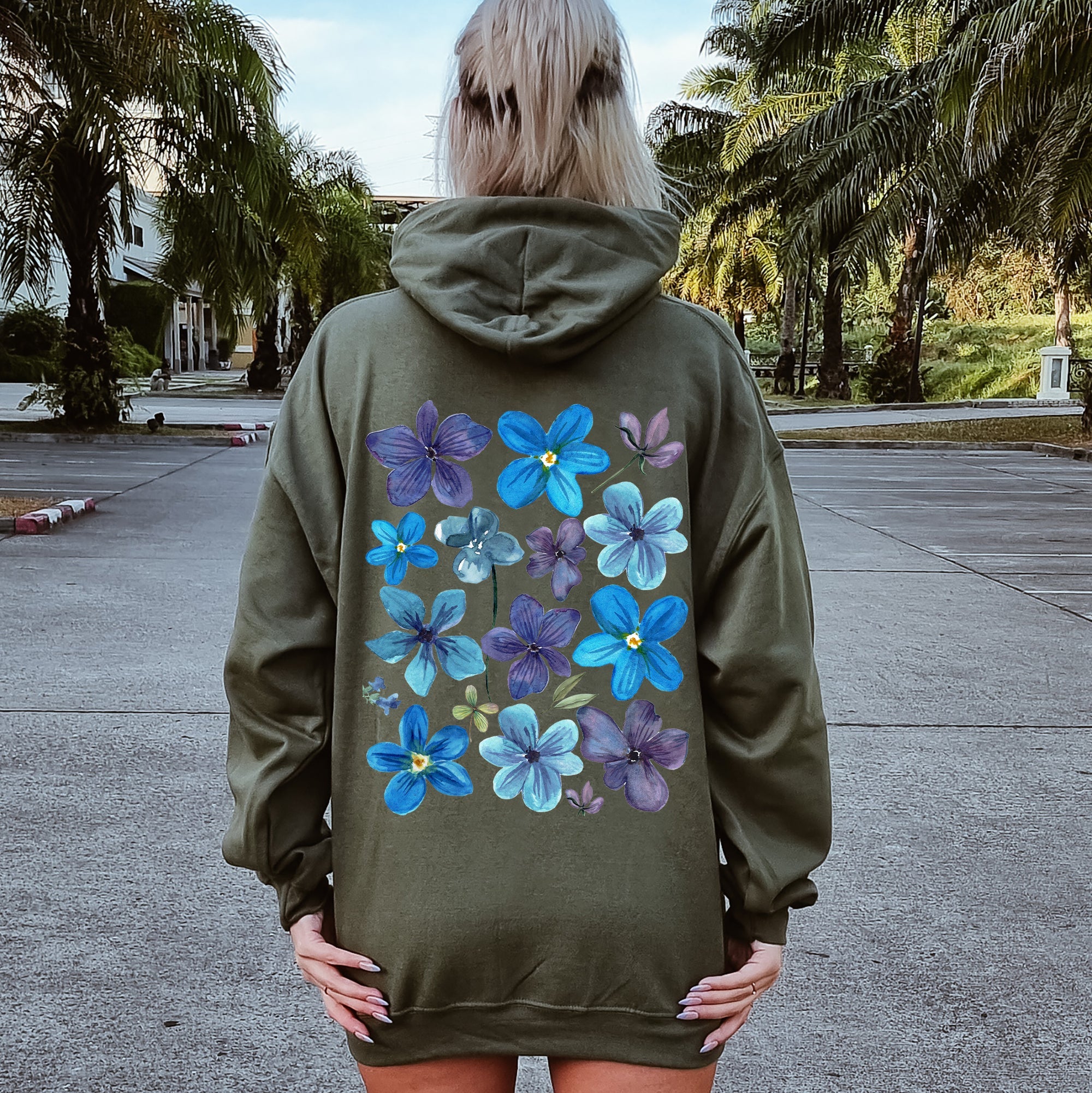 Bold Floral Blues Pressed Flowers Nature Garden Sunset Motif Reimagined Vintage Graphics Hoodie