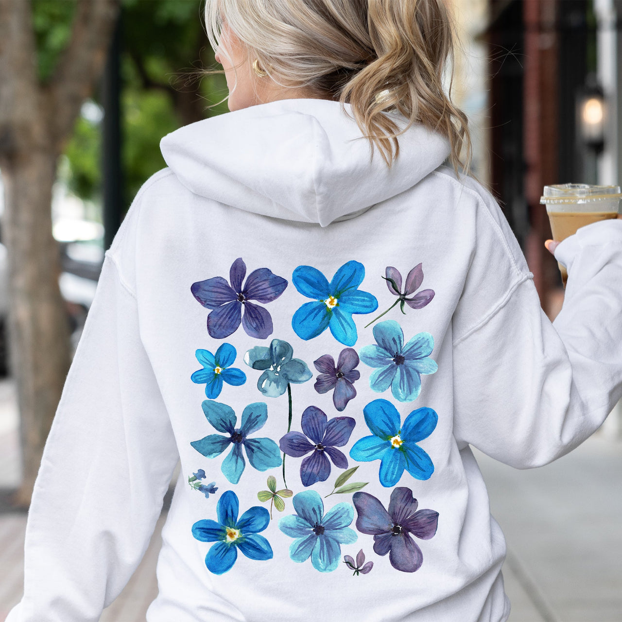 Bold Floral Blues Pressed Flowers Nature Garden Sunset Motif Reimagined Vintage Graphics Hoodie