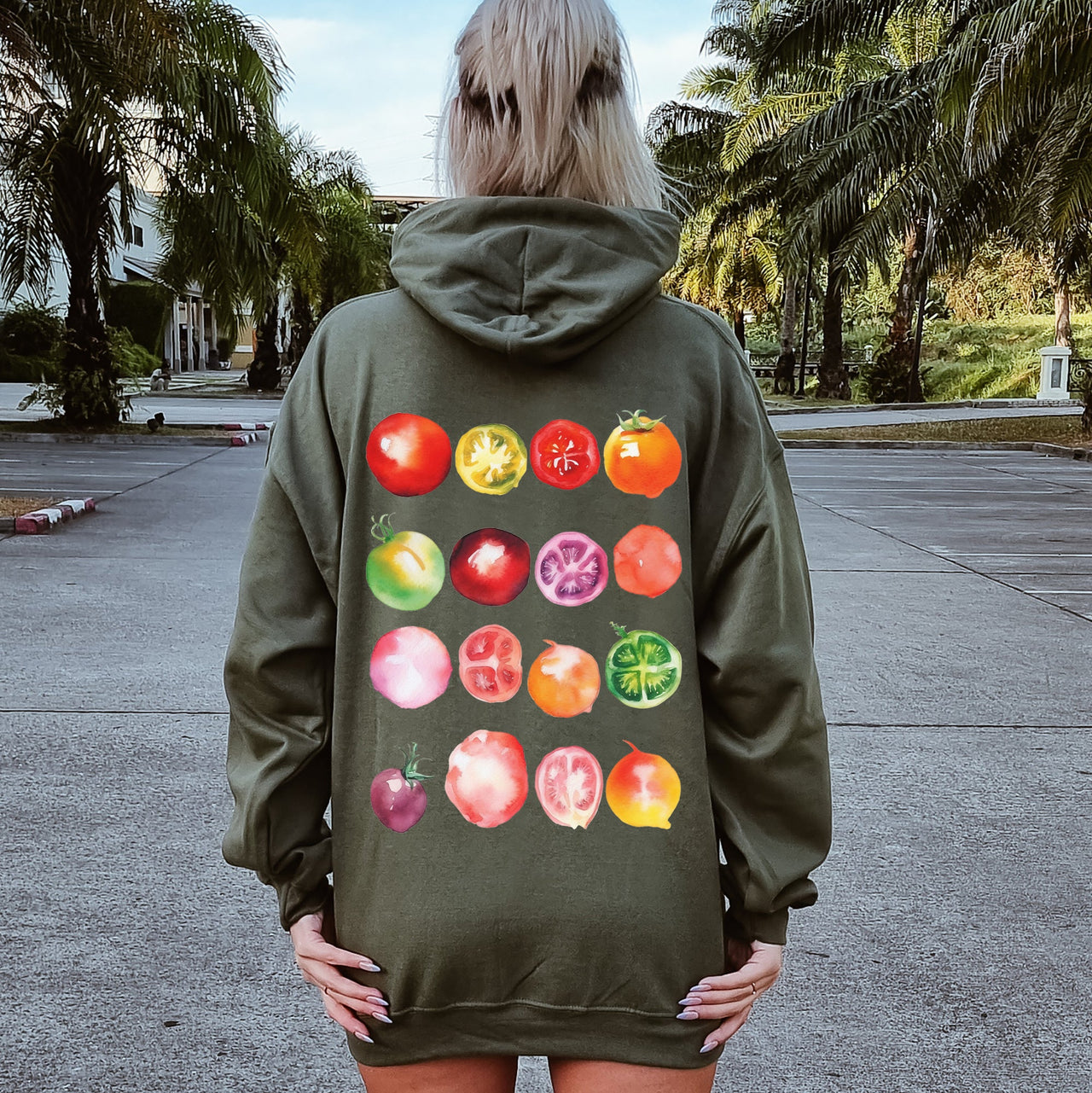 Ripe Tomato Print Garden Fresh Harvest Tomatoes On The Vine Illustration Artwork Hoodie