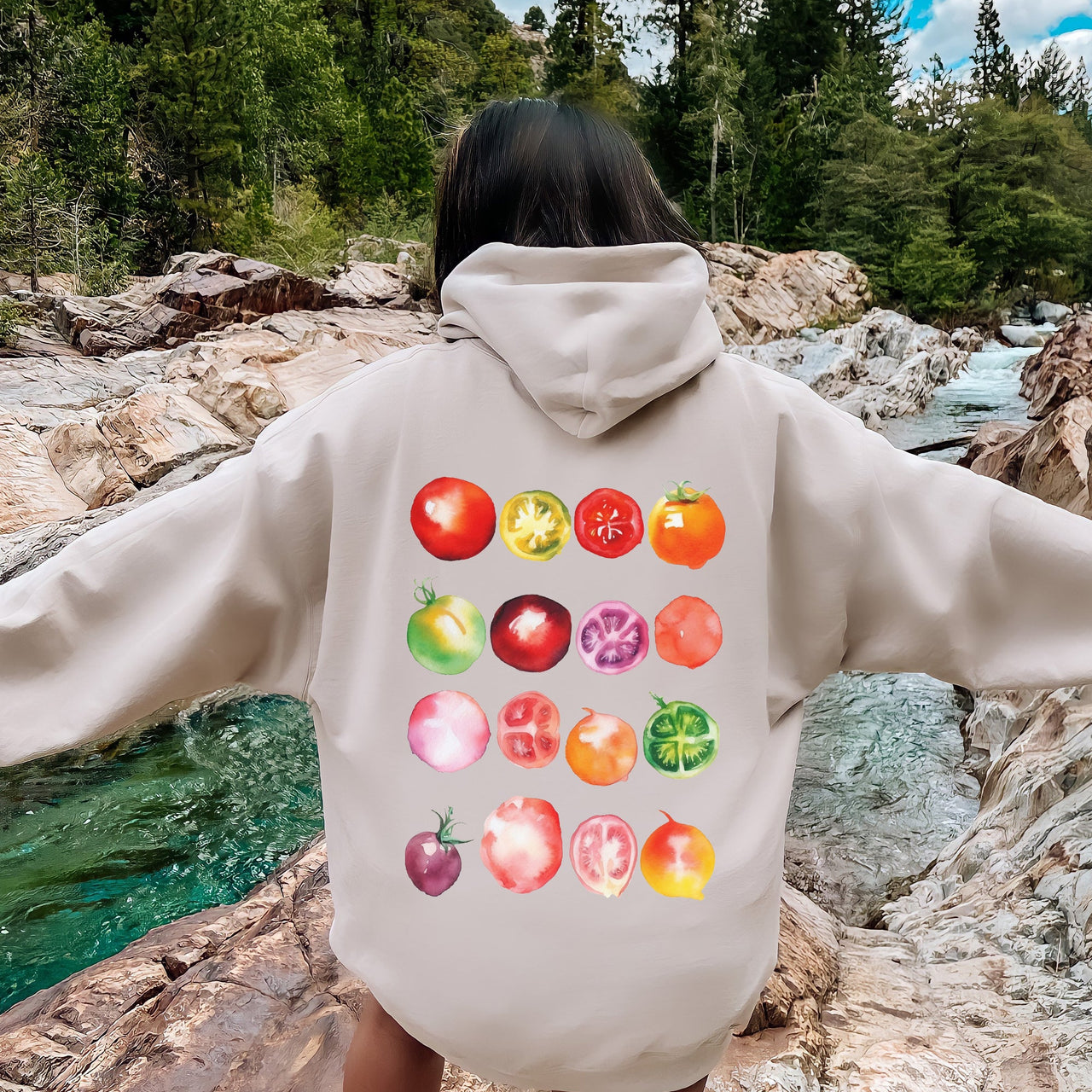 Ripe Tomato Print Garden Fresh Harvest Tomatoes On The Vine Illustration Artwork Hoodie