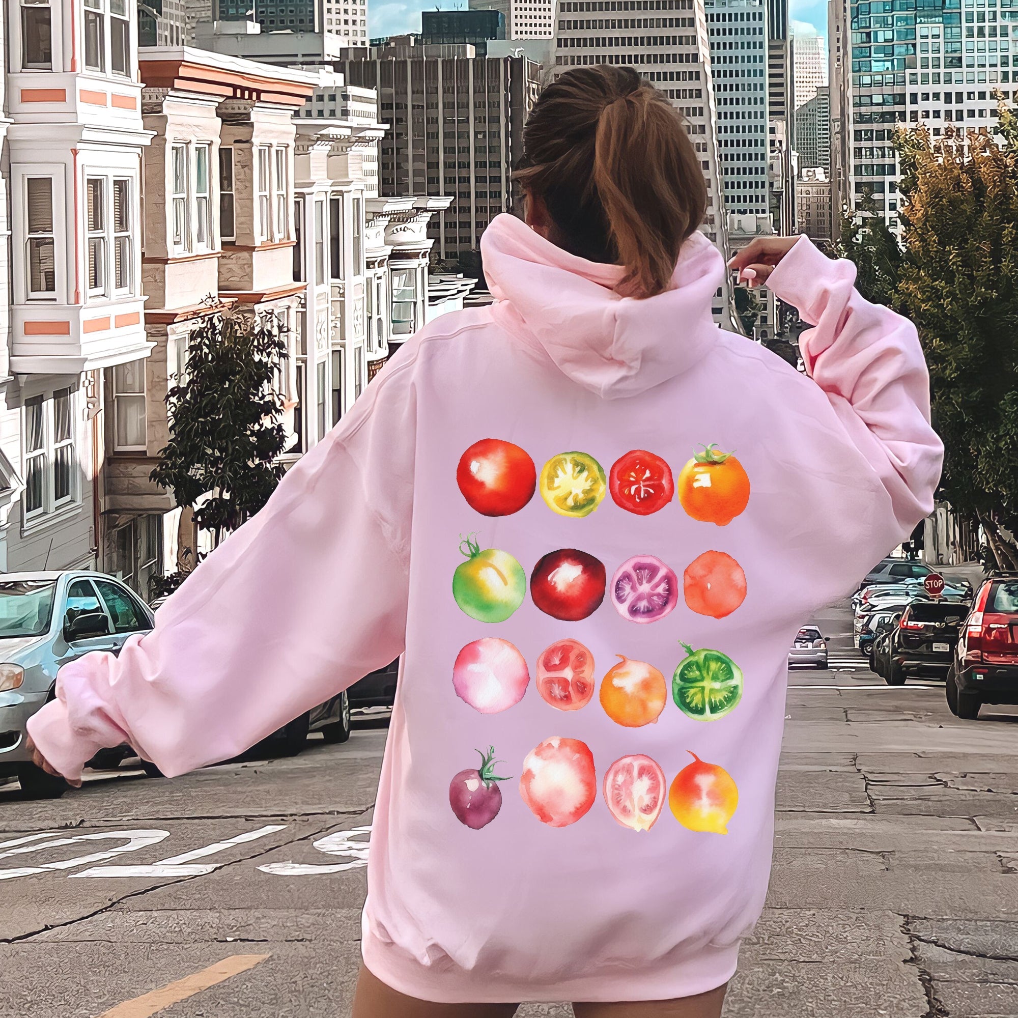 Ripe Tomato Print Garden Fresh Harvest Tomatoes On The Vine Illustration Artwork Hoodie