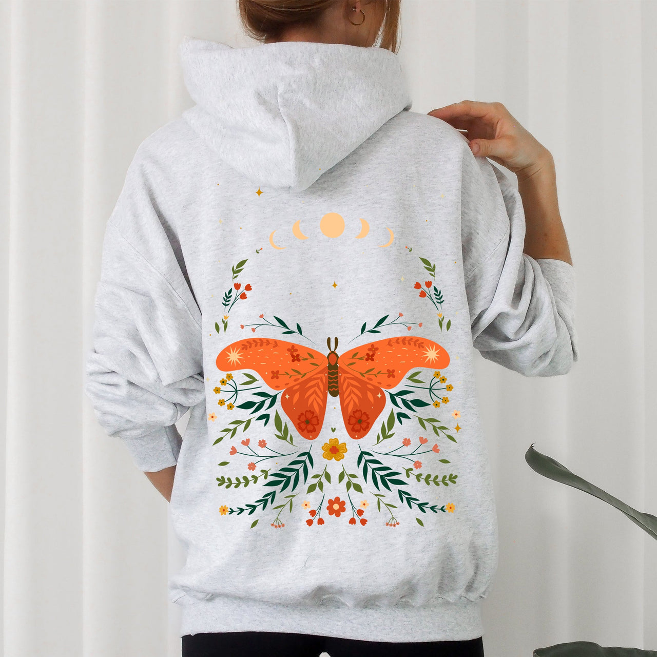 Celestial Garden Tale Moth Moon And Flowers Dreamscape Illustration Botanical Artwork Hoodie