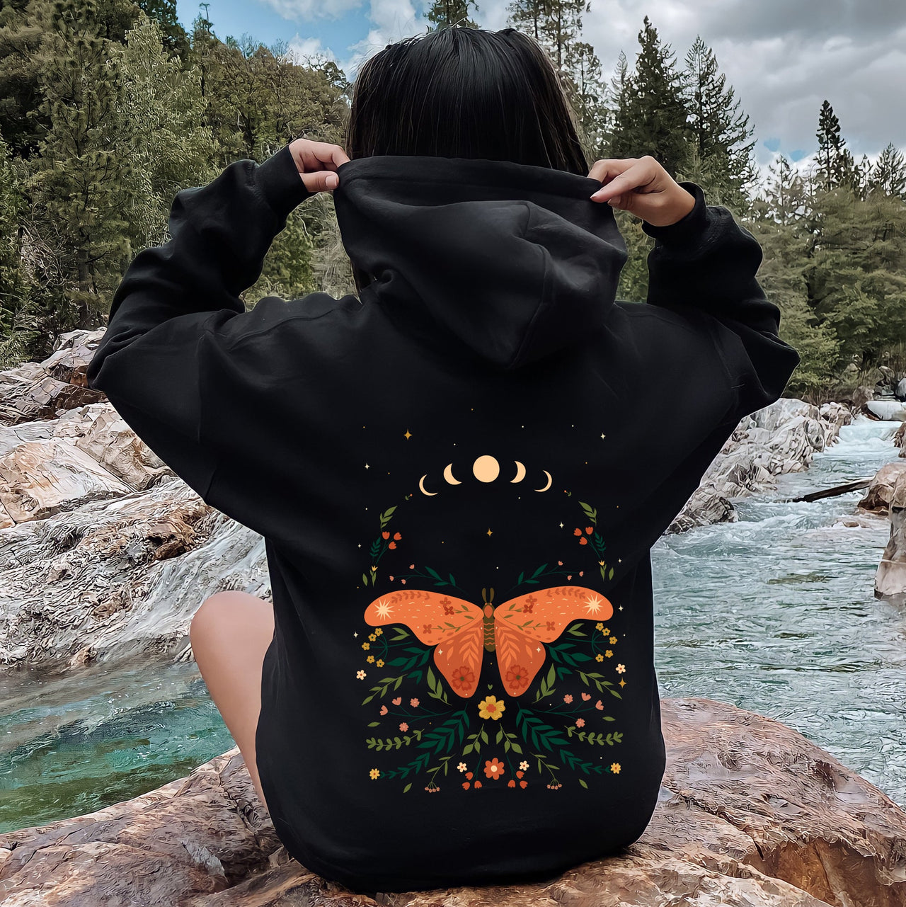 Celestial Garden Tale Moth Moon And Flowers Dreamscape Illustration Botanical Artwork Hoodie