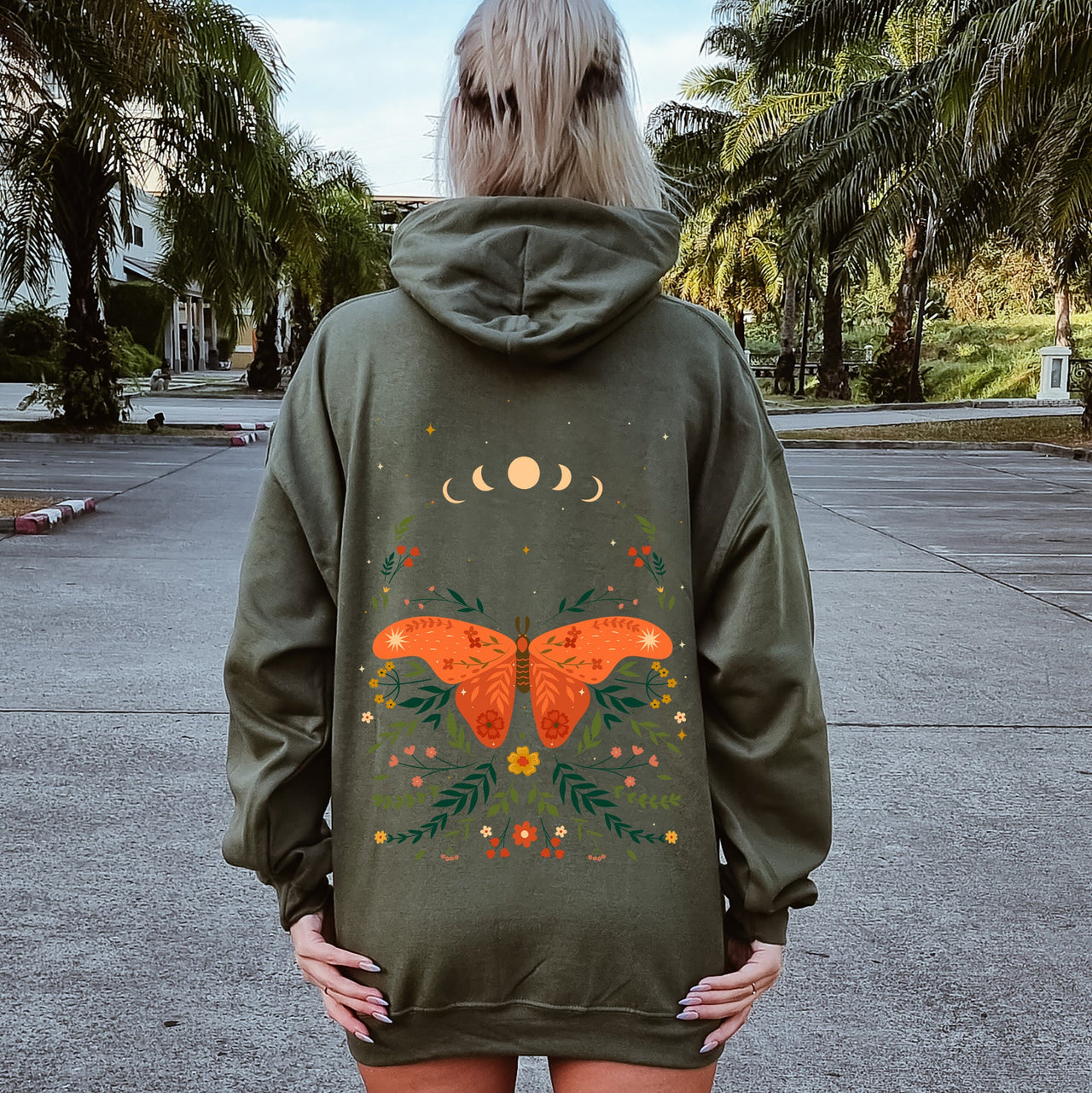 Celestial Garden Tale Moth Moon And Flowers Dreamscape Illustration Botanical Artwork Hoodie