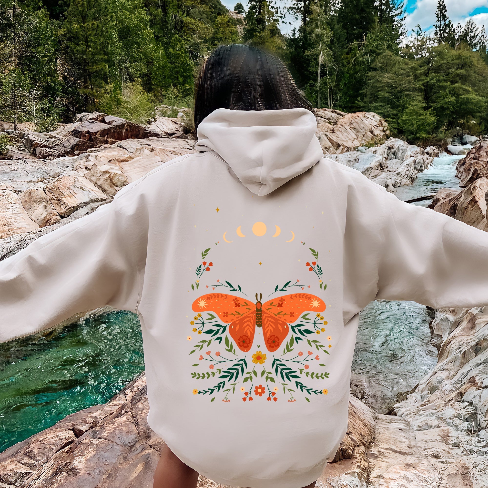 Celestial Garden Tale Moth Moon And Flowers Dreamscape Illustration Botanical Artwork Hoodie