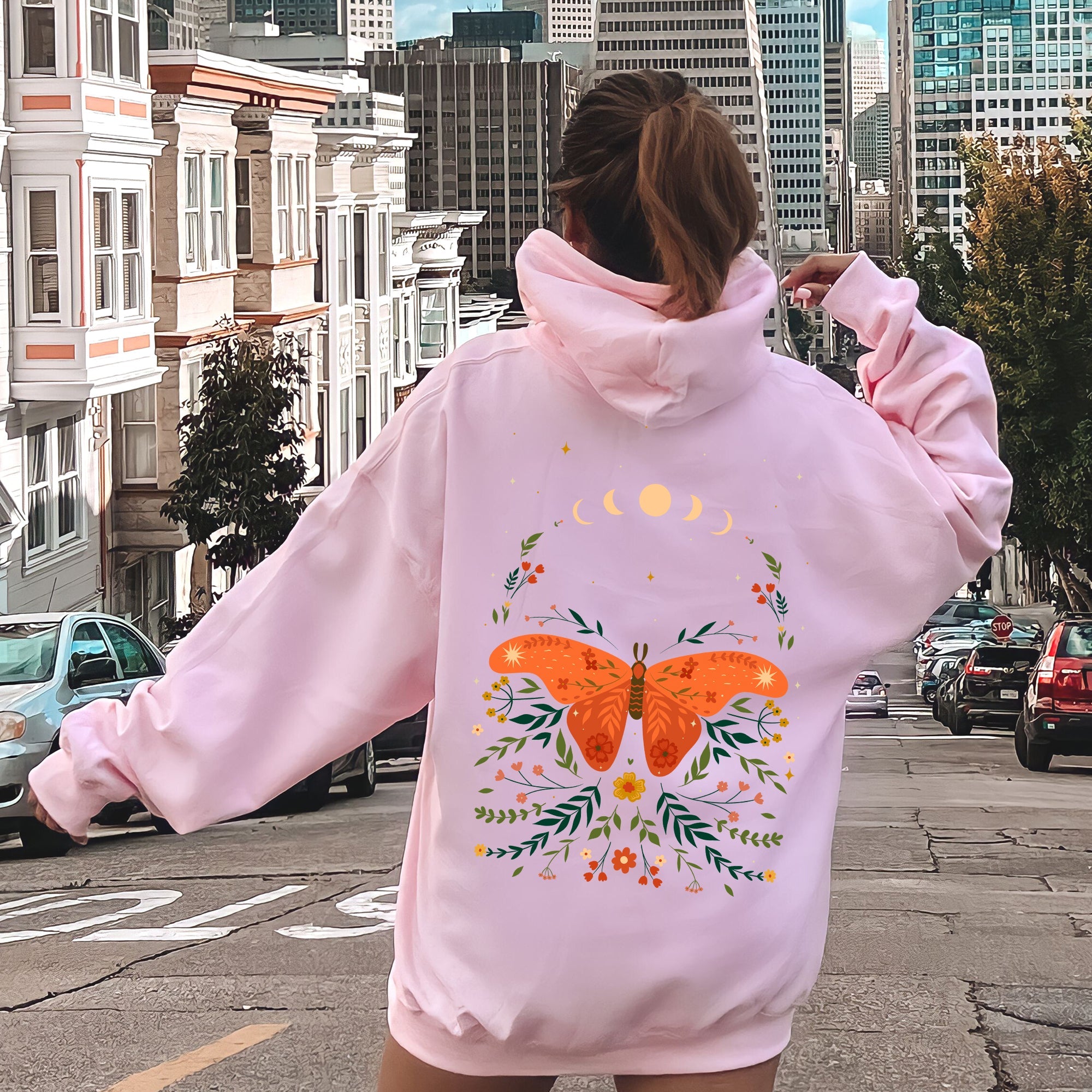 Celestial Garden Tale Moth Moon And Flowers Dreamscape Illustration Botanical Artwork Hoodie