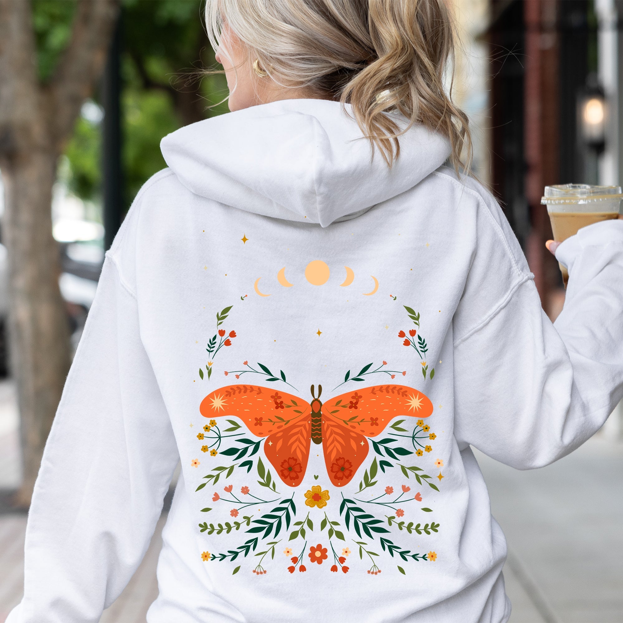 Celestial Garden Tale Moth Moon And Flowers Dreamscape Illustration Botanical Artwork Hoodie