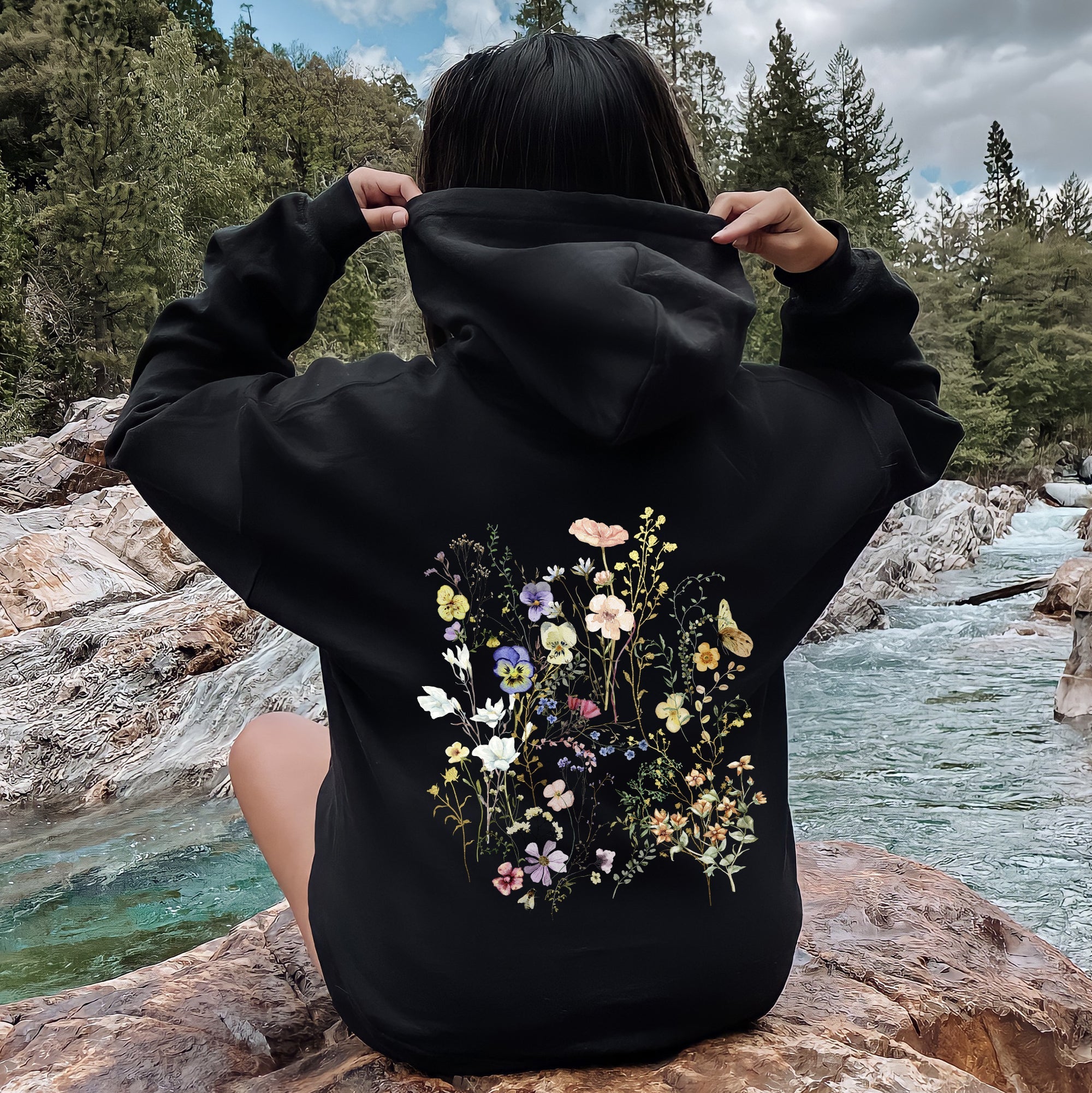 Delicate Pressed Wildflowers Botanical Illustration Art Print Handcrafted Ethereal Garden Scene Hoodie