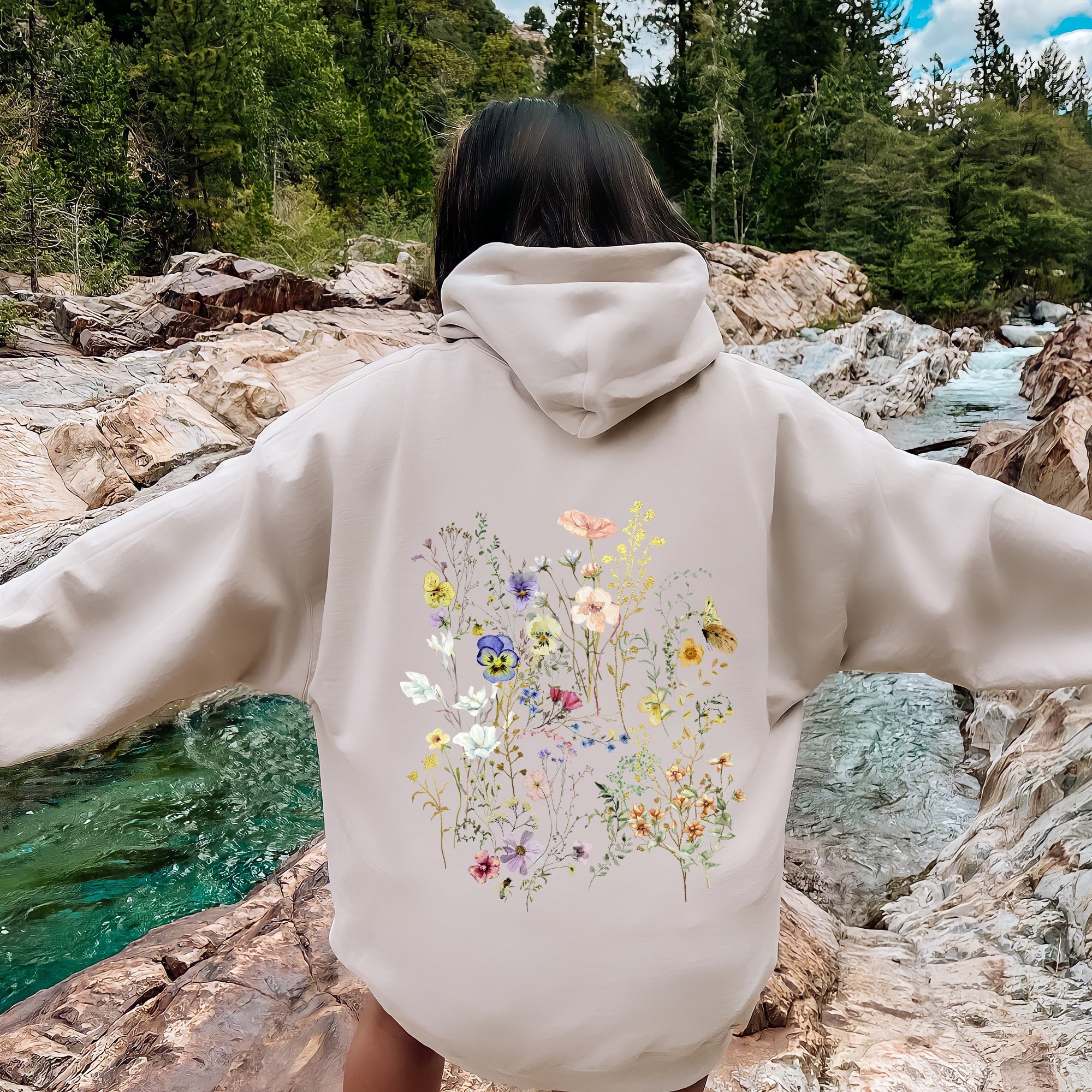 Delicate Pressed Wildflowers Botanical Illustration Art Print Handcrafted Ethereal Garden Scene Hoodie