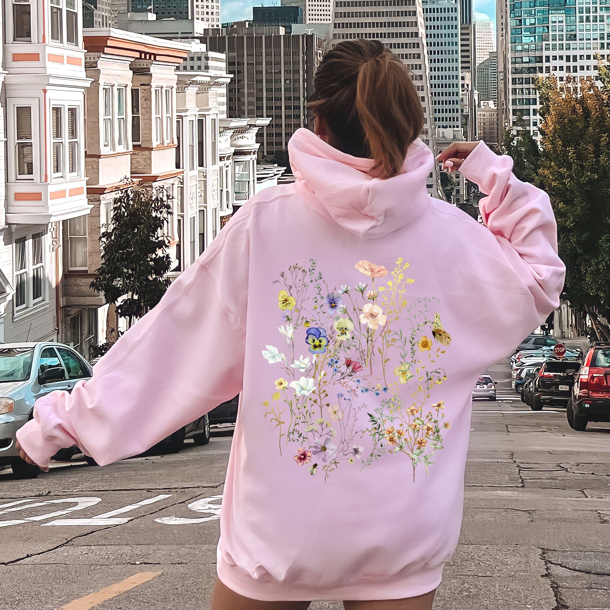 Delicate Pressed Wildflowers Botanical Illustration Art Print Handcrafted Ethereal Garden Scene Hoodie
