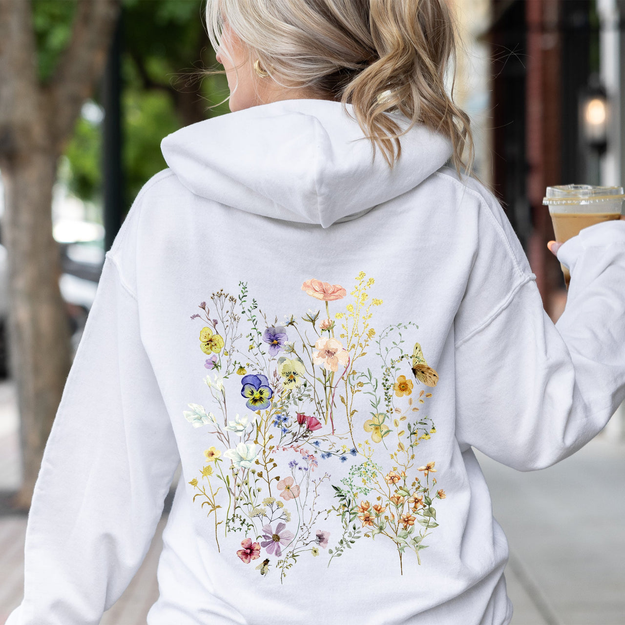 Delicate Pressed Wildflowers Botanical Illustration Art Print Handcrafted Ethereal Garden Scene Hoodie