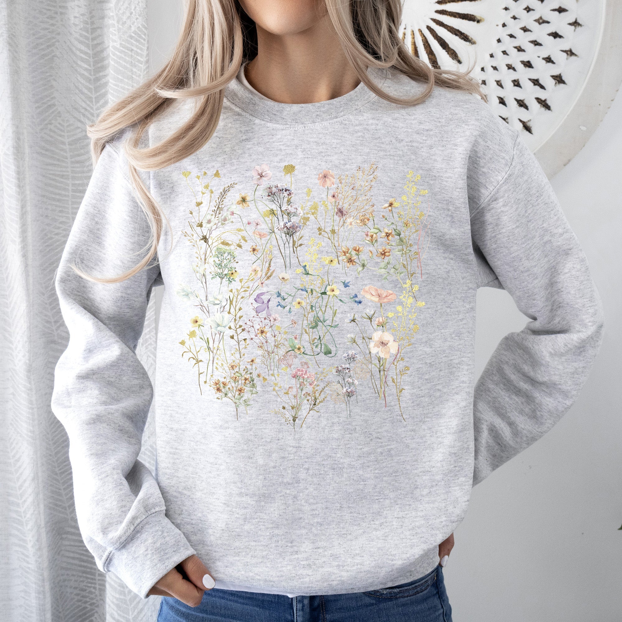 Mountain Pressed Wildflowers Botanical Mountain Range Print Cozy Weekend Sweatshirt