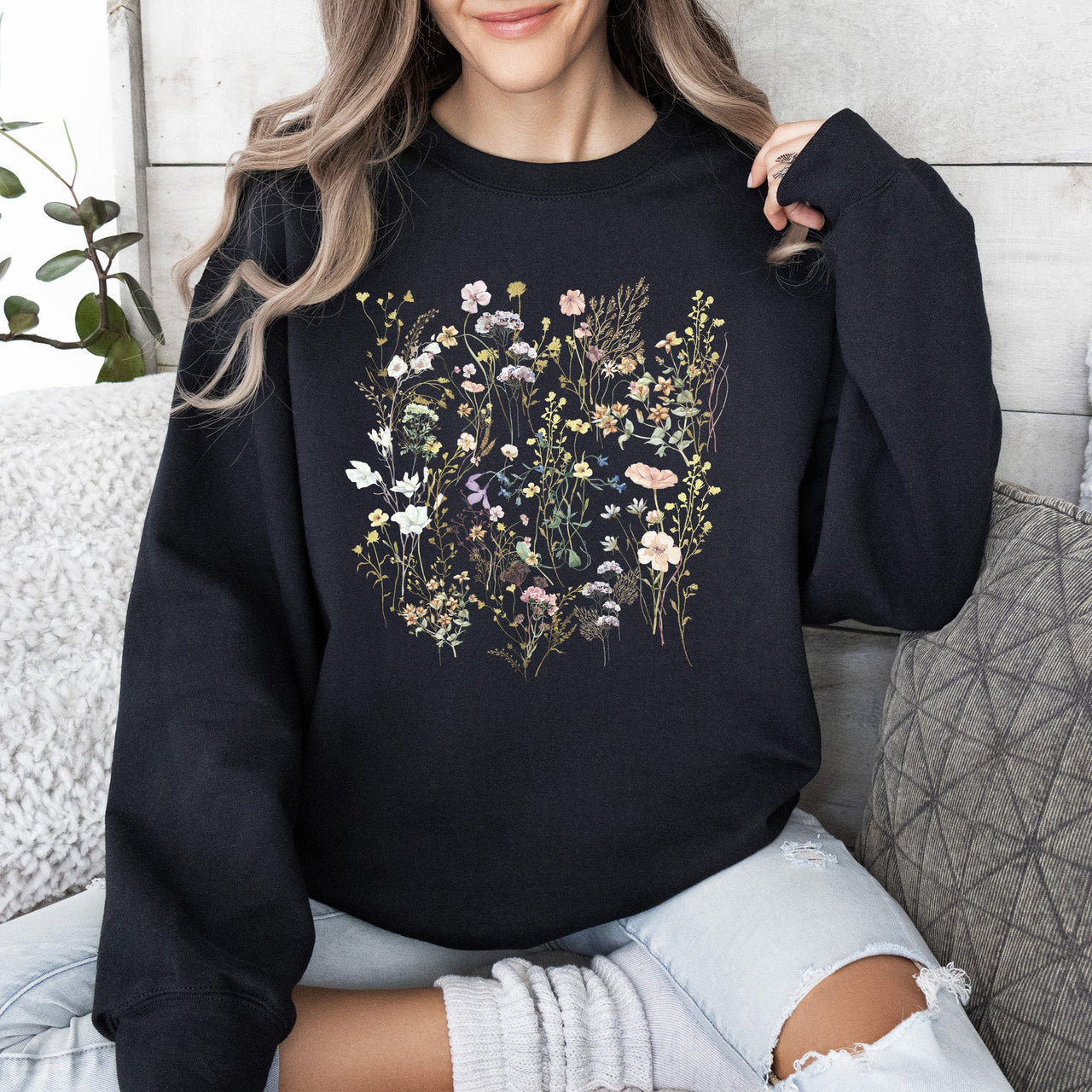 Mountain Pressed Wildflowers Botanical Mountain Range Print Cozy Weekend Sweatshirt