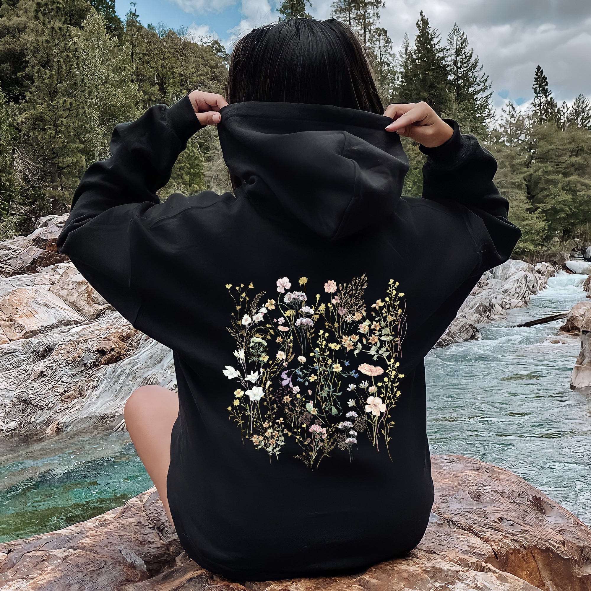 Delicate Wildflowers, Forest Meadow, Pressed Flowers, Botanical Floral Art Graphic Hoodie