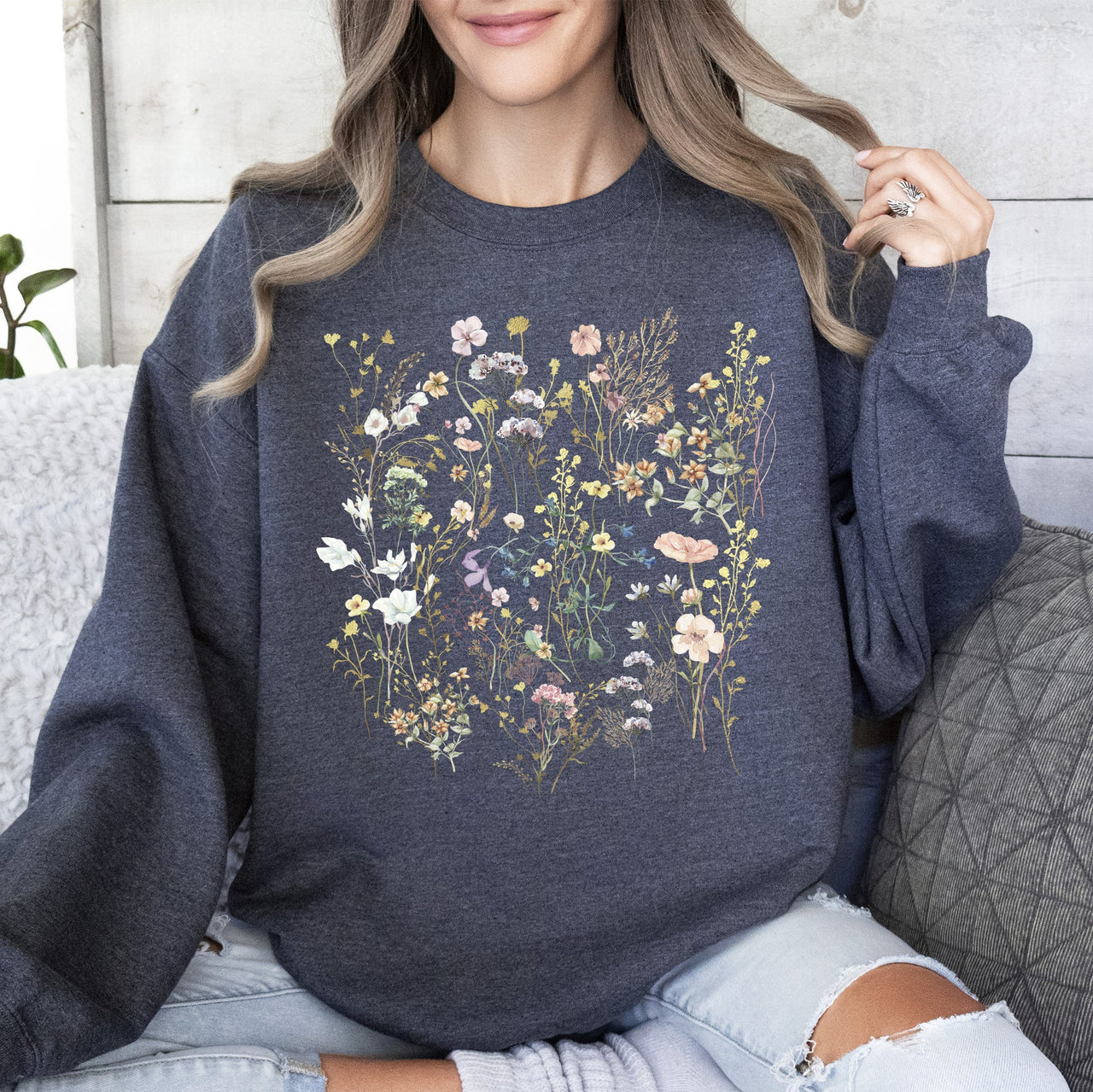 Mountain Pressed Wildflowers Botanical Mountain Range Print Cozy Weekend Sweatshirt
