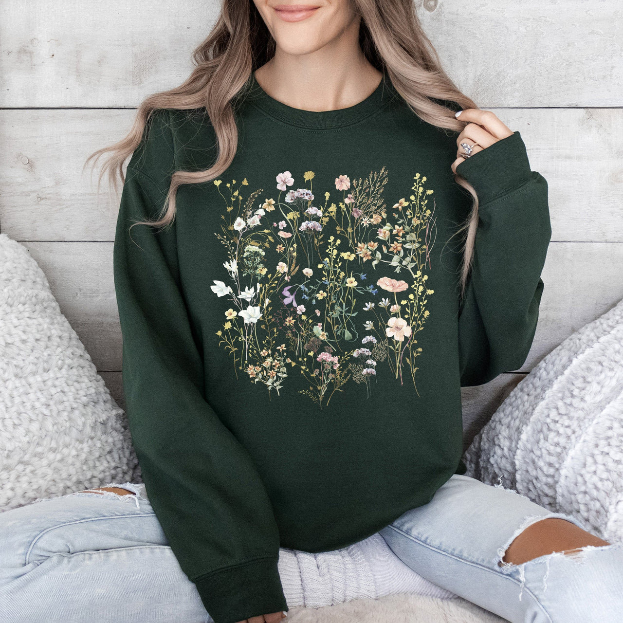 Mountain Pressed Wildflowers Botanical Mountain Range Print Cozy Weekend Sweatshirt