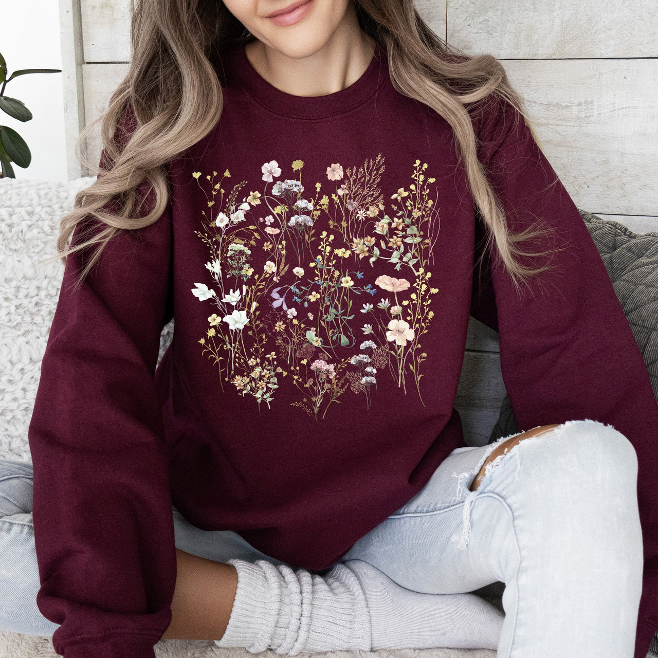 Mountain Pressed Wildflowers Botanical Mountain Range Print Cozy Weekend Sweatshirt