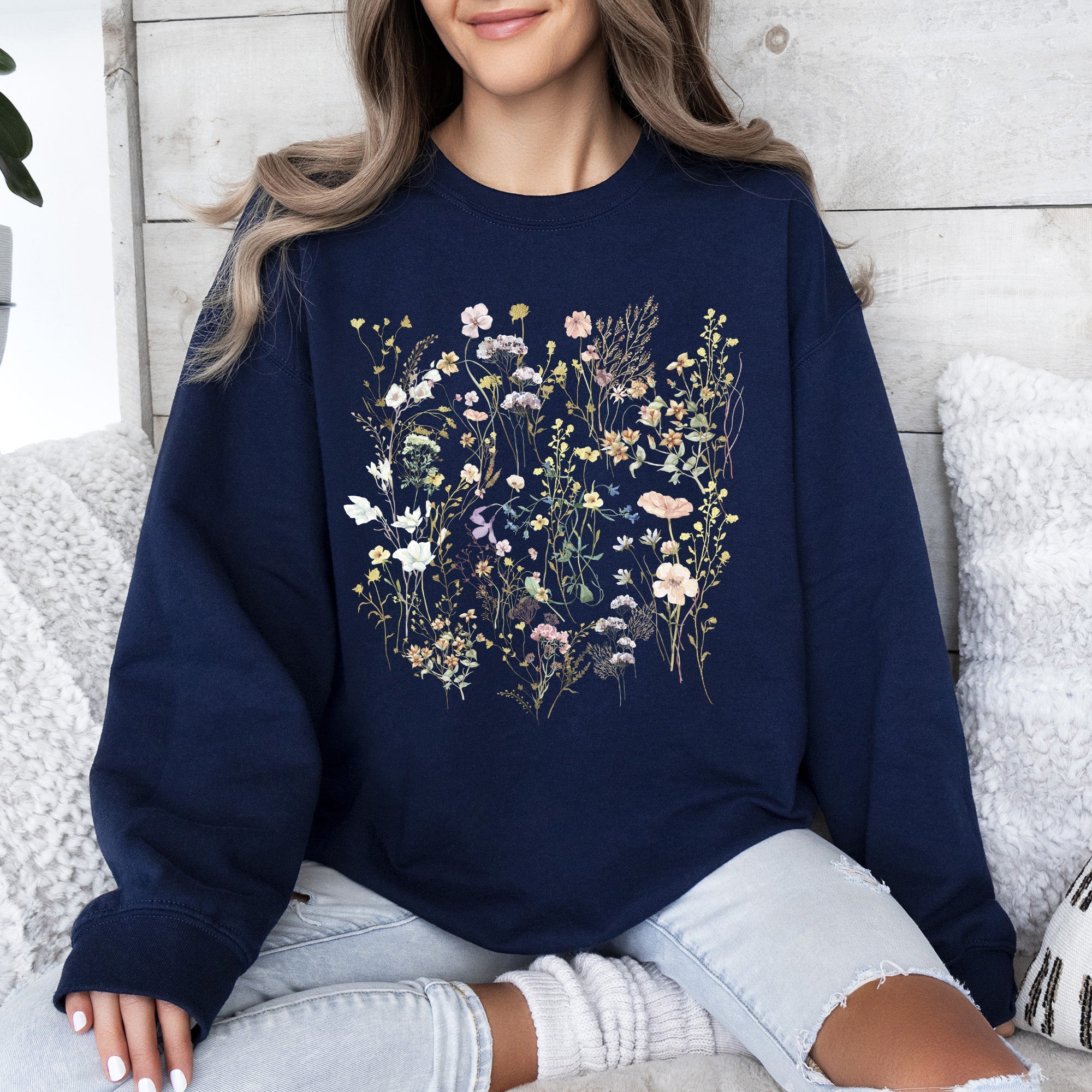 Mountain Pressed Wildflowers Botanical Mountain Range Print Cozy Weekend Sweatshirt