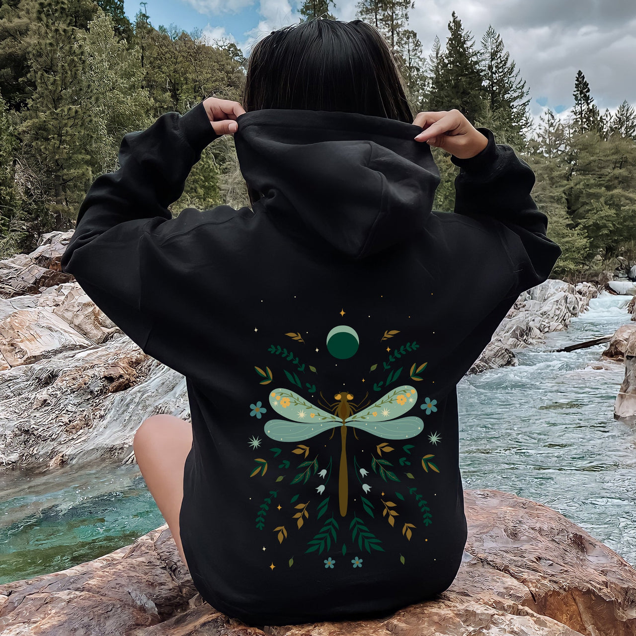 Floral Night Sky Dragonfly Moon and Blooms Hoodie
