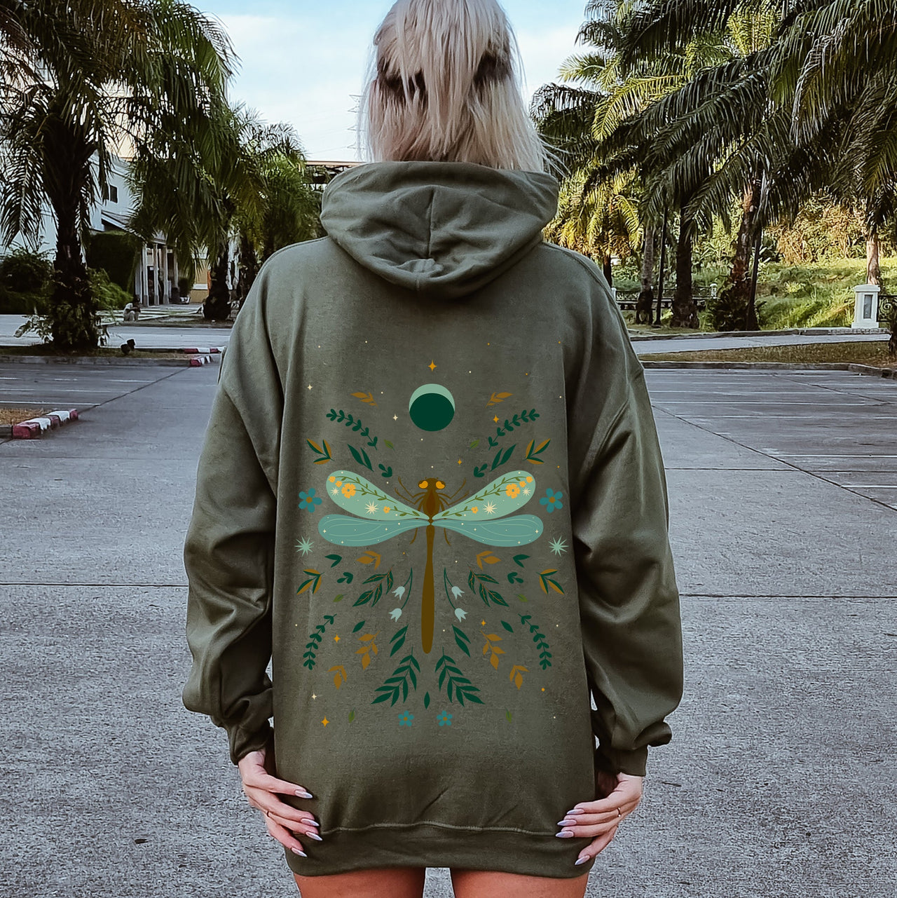 Floral Night Sky Dragonfly Moon and Blooms Hoodie