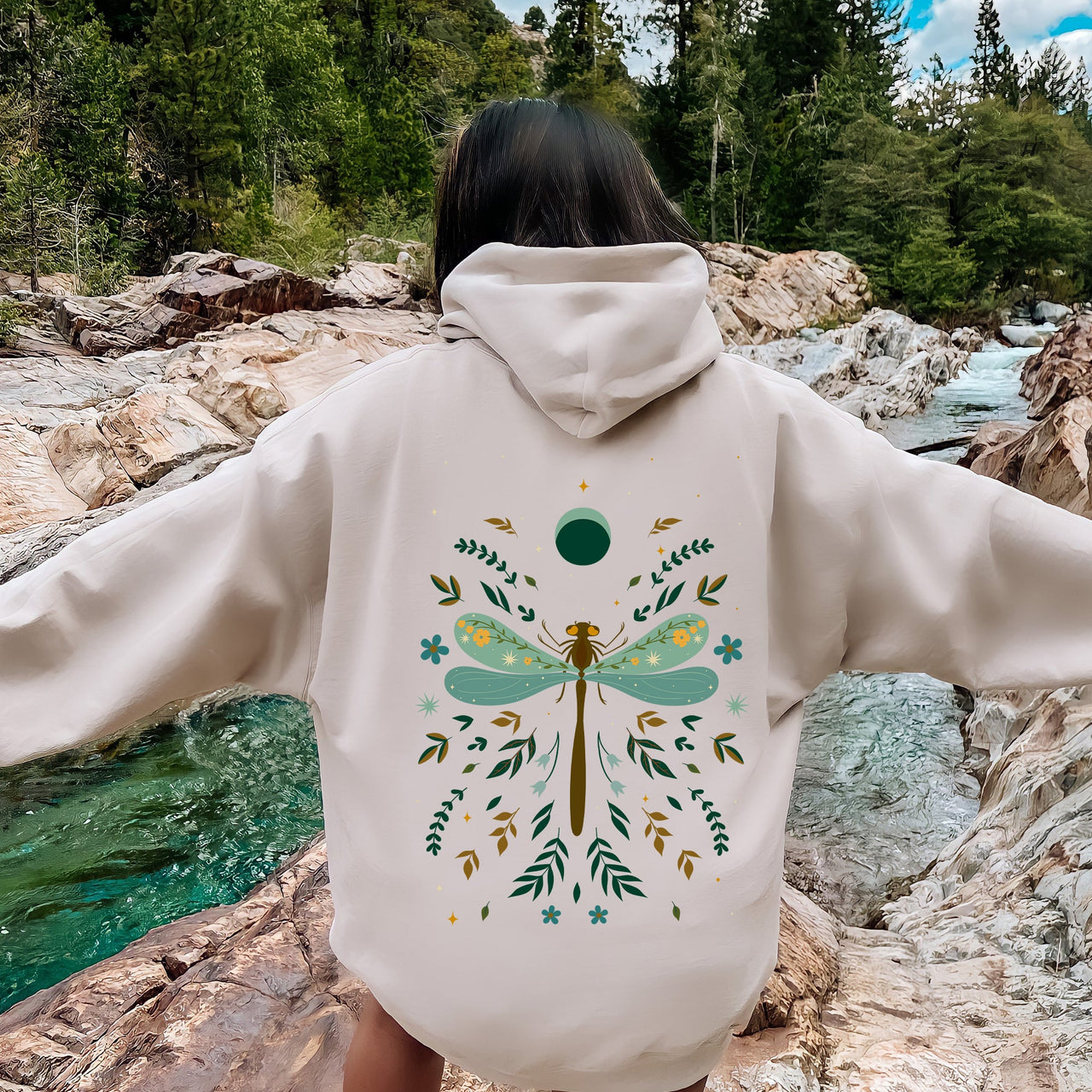 Floral Night Sky Dragonfly Moon and Blooms Hoodie