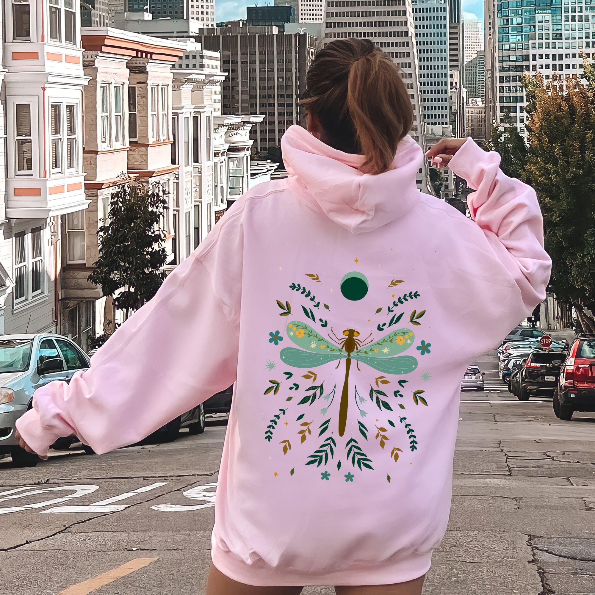 Floral Night Sky Dragonfly Moon and Blooms Hoodie