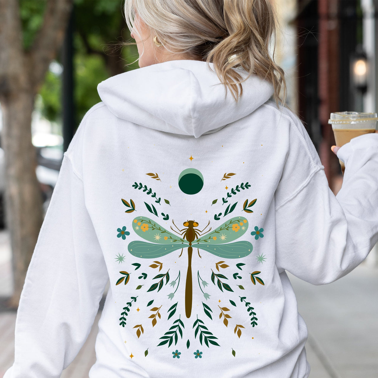 Floral Night Sky Dragonfly Moon and Blooms Hoodie