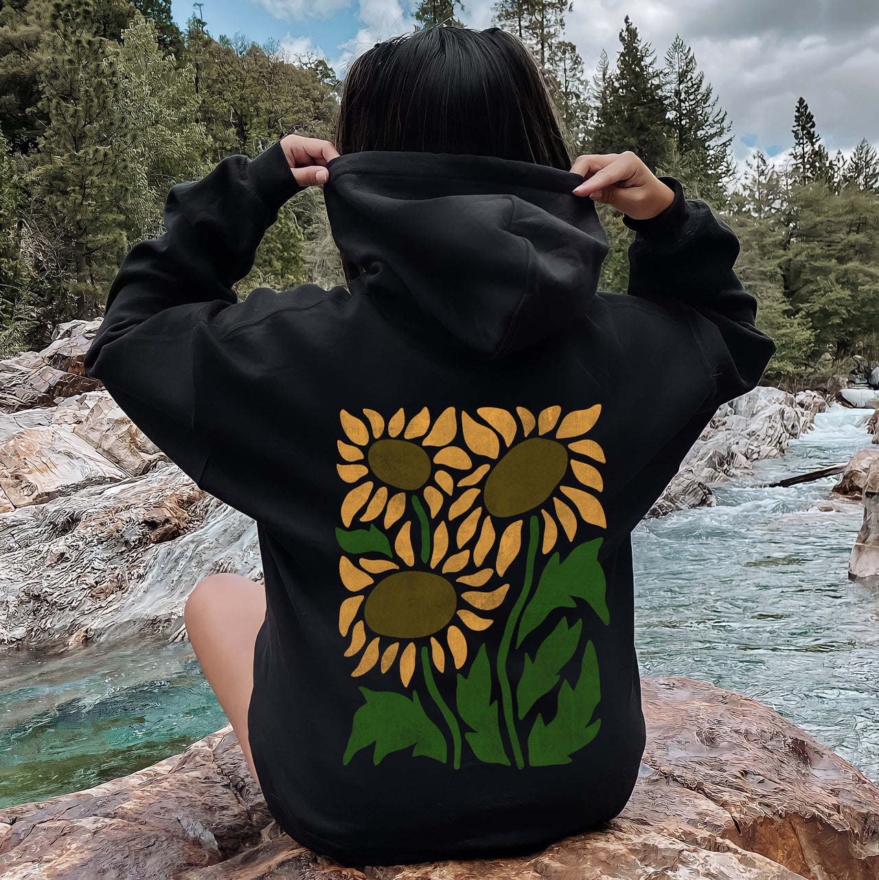 Boho Sunflowers Retro Floral Vintage Bohemian Garden Sunset Graphic Pattern Hoodie