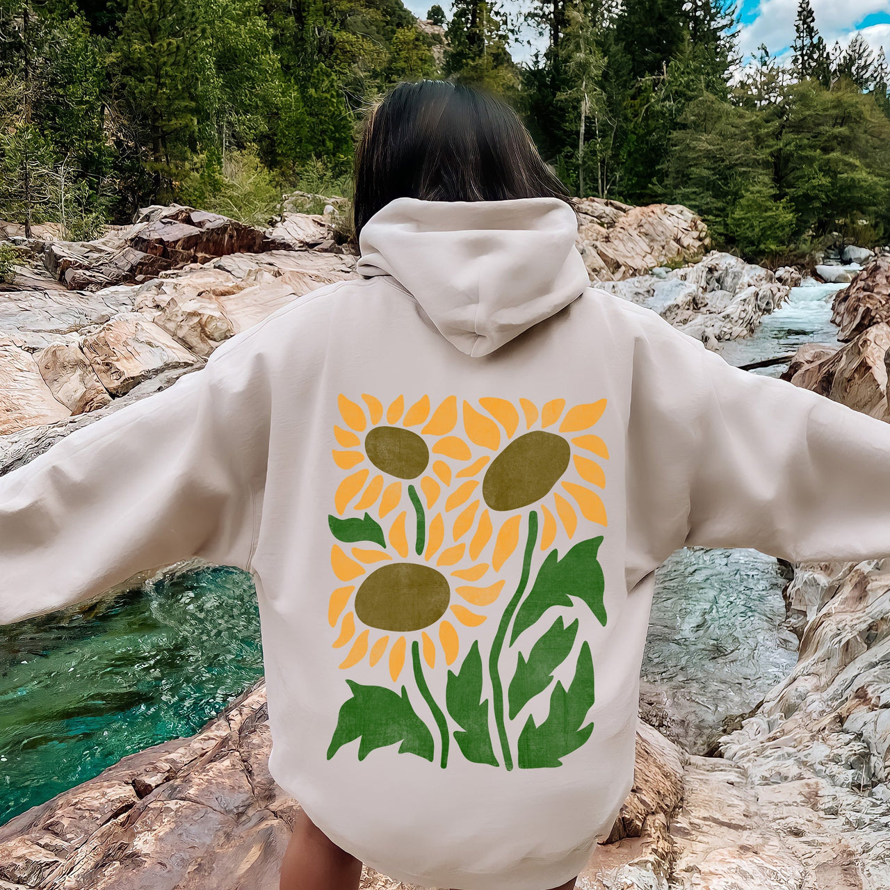 Boho Sunflowers Retro Floral Vintage Bohemian Garden Sunset Graphic Pattern Hoodie