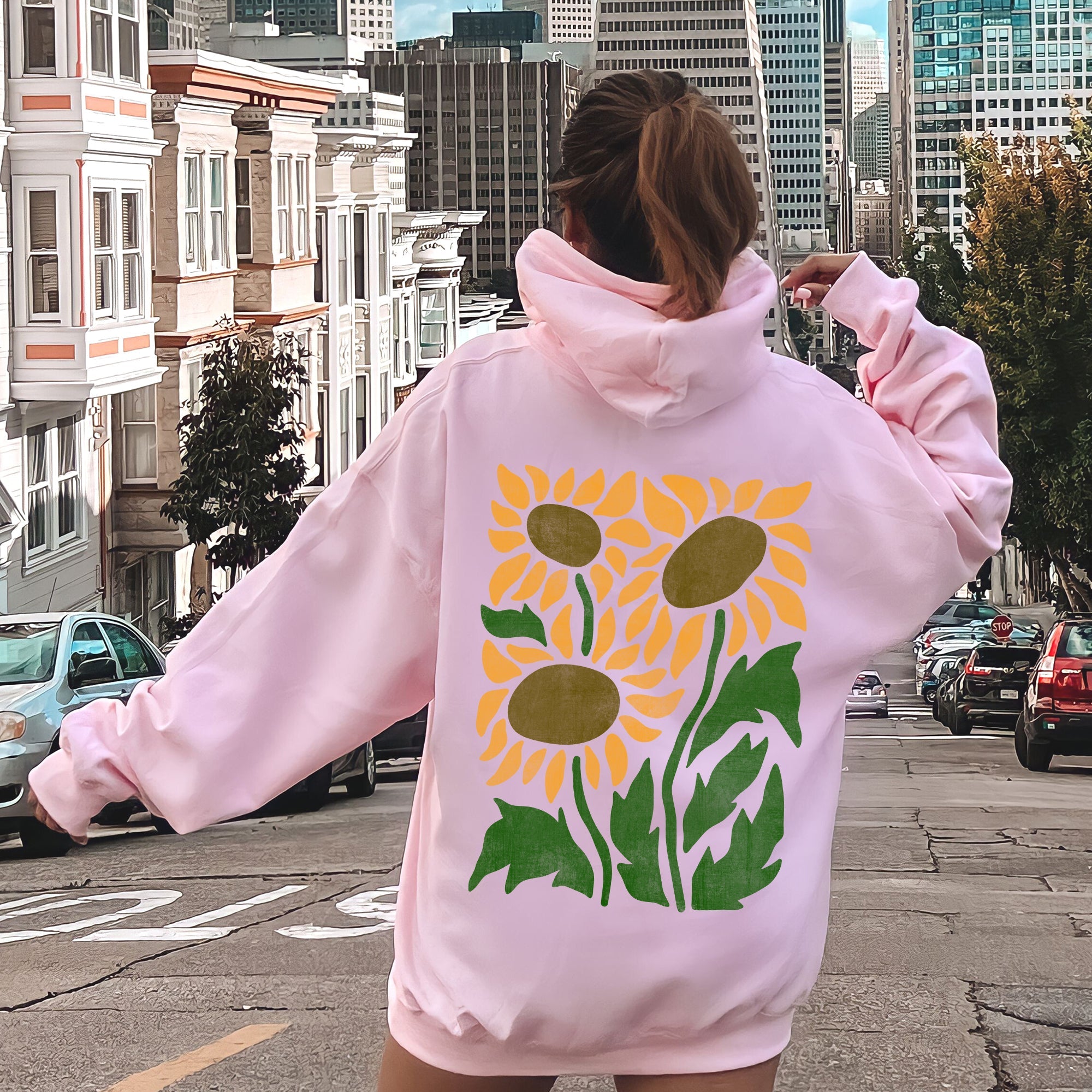 Boho Sunflowers Retro Floral Vintage Bohemian Garden Sunset Graphic Pattern Hoodie