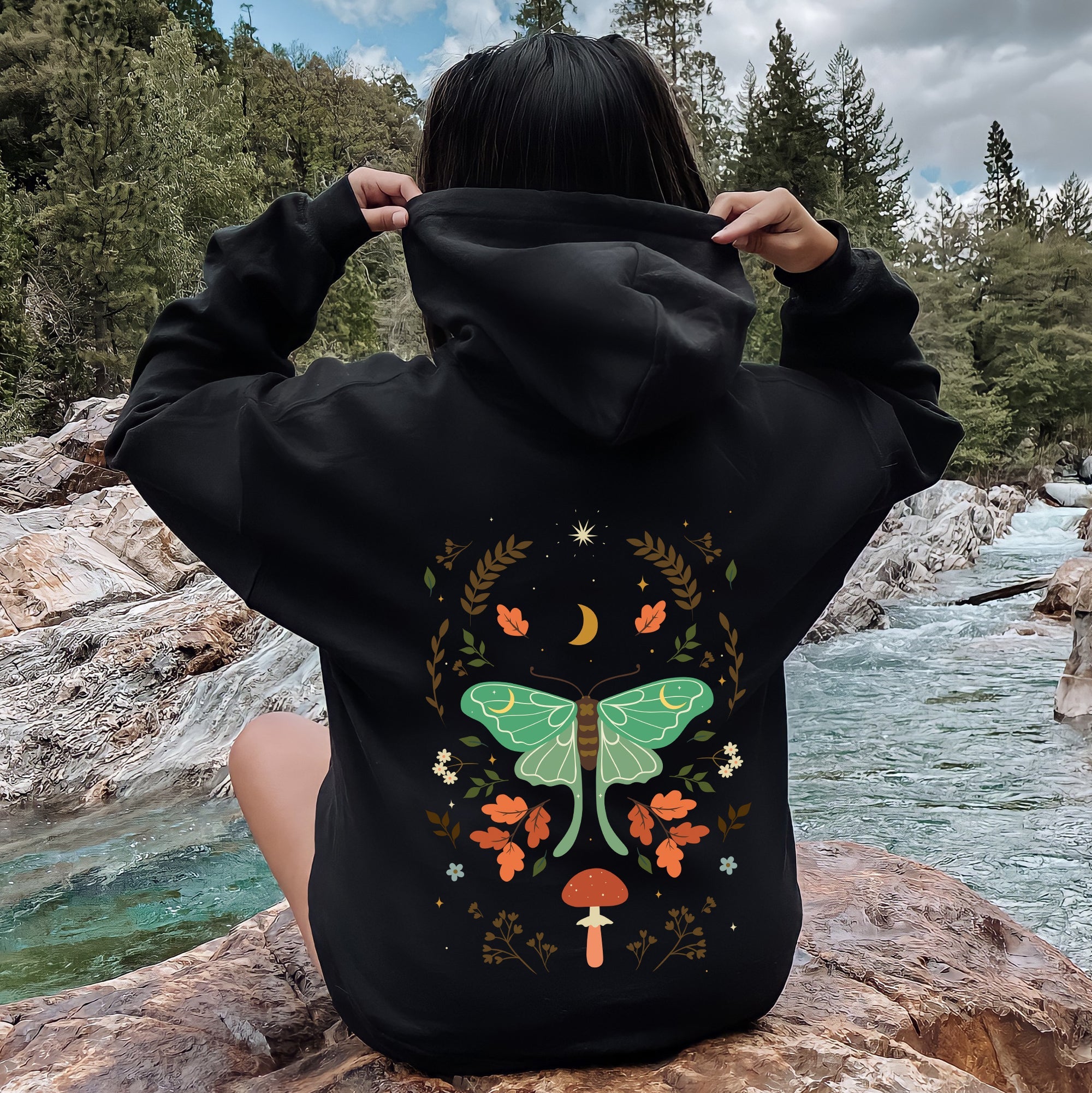 Mystical Moth And Moon, Enchanted Floral Night Sky Art Print Collection Edition Hoodie
