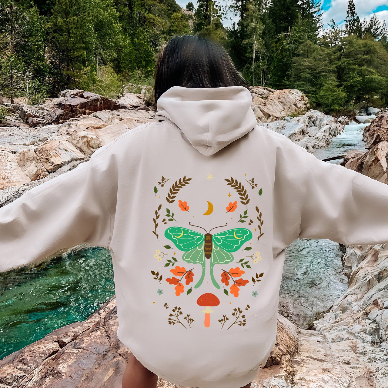 Mystical Moth And Moon, Enchanted Floral Night Sky Art Print Collection Edition Hoodie