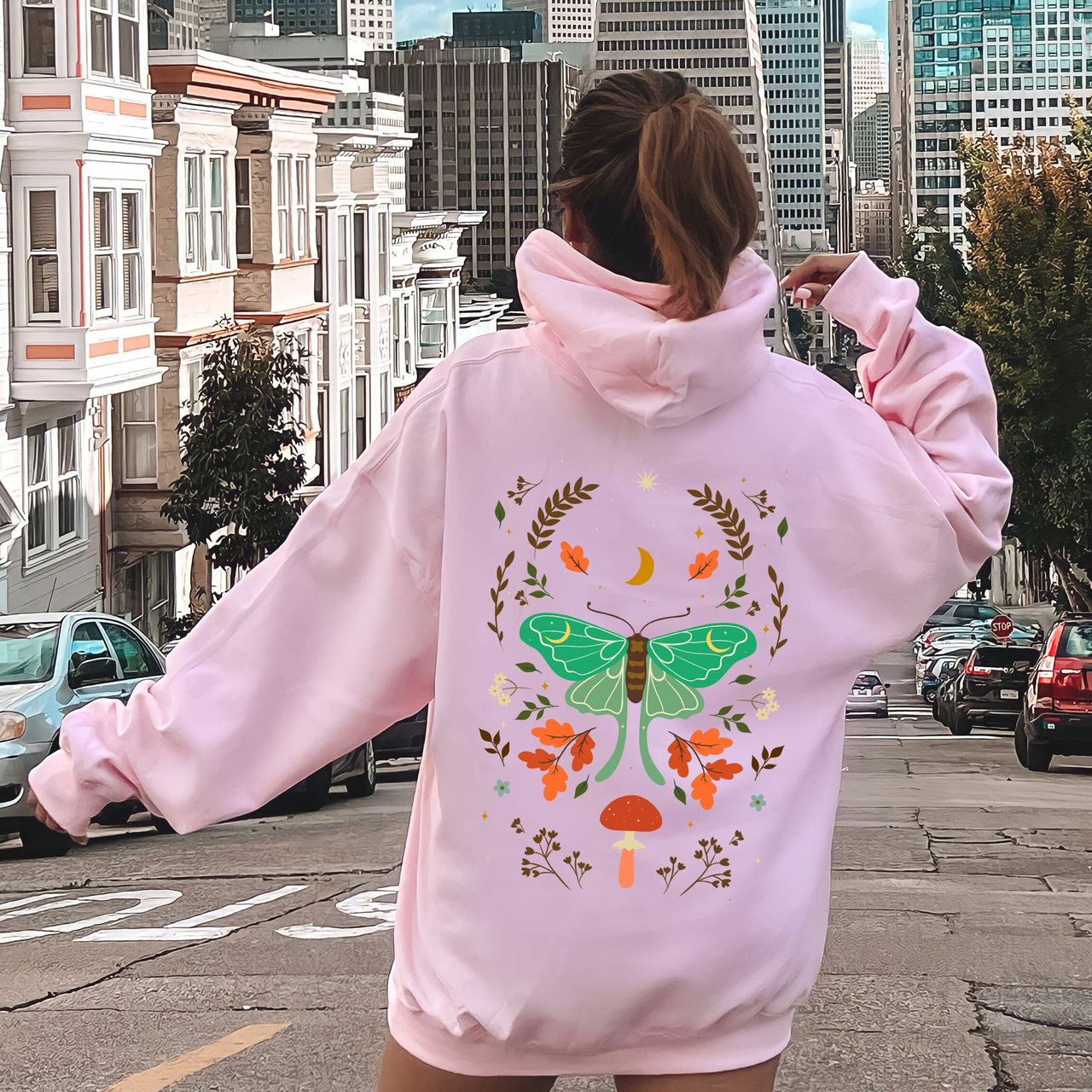 Mystical Moth And Moon, Enchanted Floral Night Sky Art Print Collection Edition Hoodie