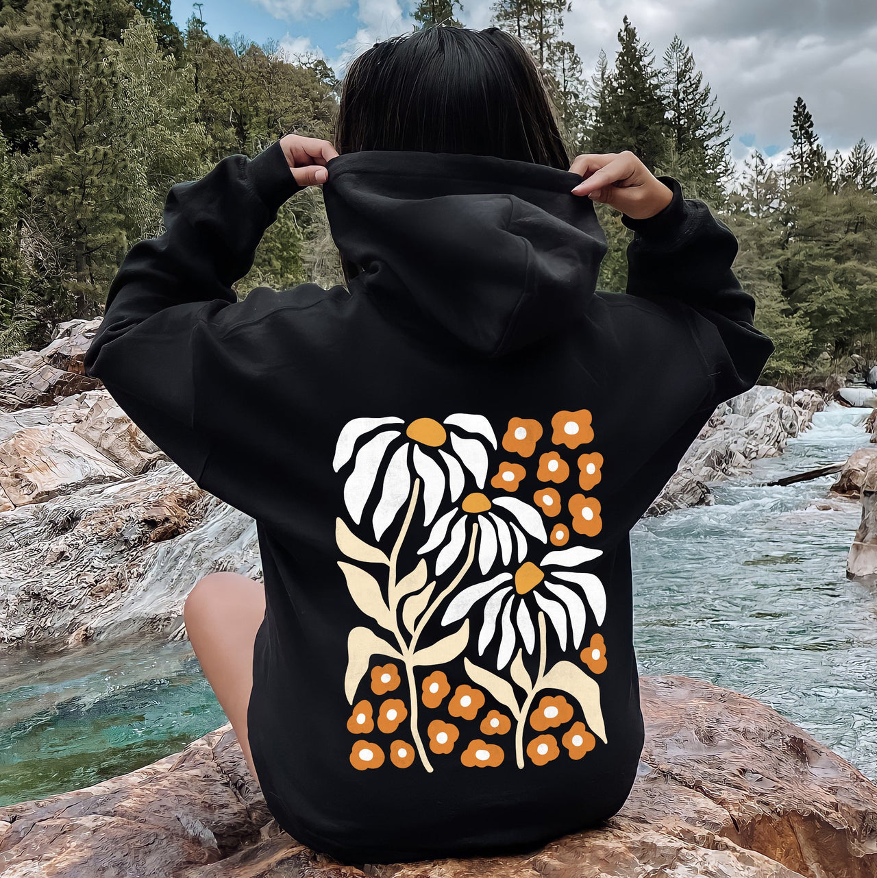 Boho Daisies And Retro Floral Bohemian Petal Motif Vintage Botanical Artwork Hoodie