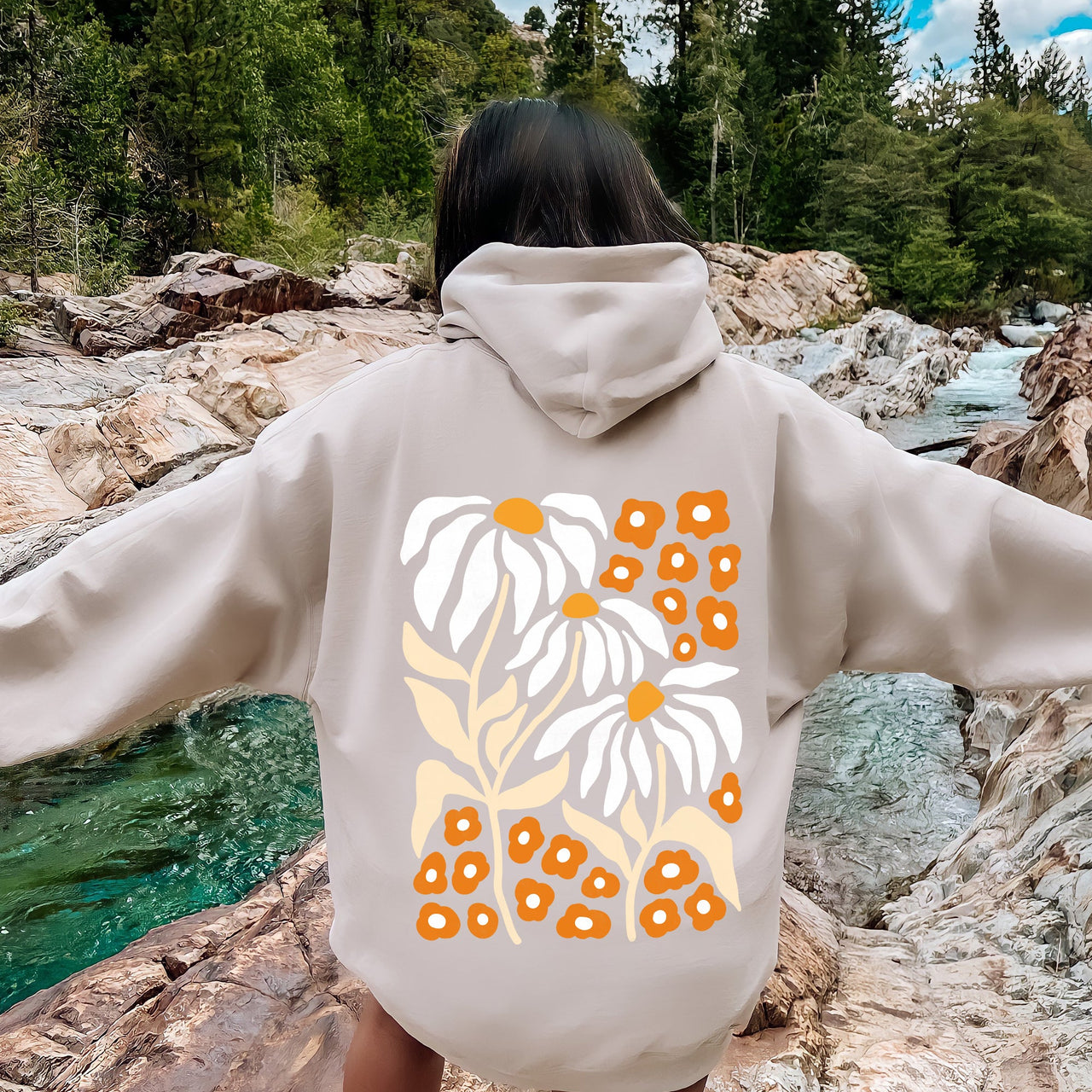 Boho Daisies And Retro Floral Bohemian Petal Motif Vintage Botanical Artwork Hoodie