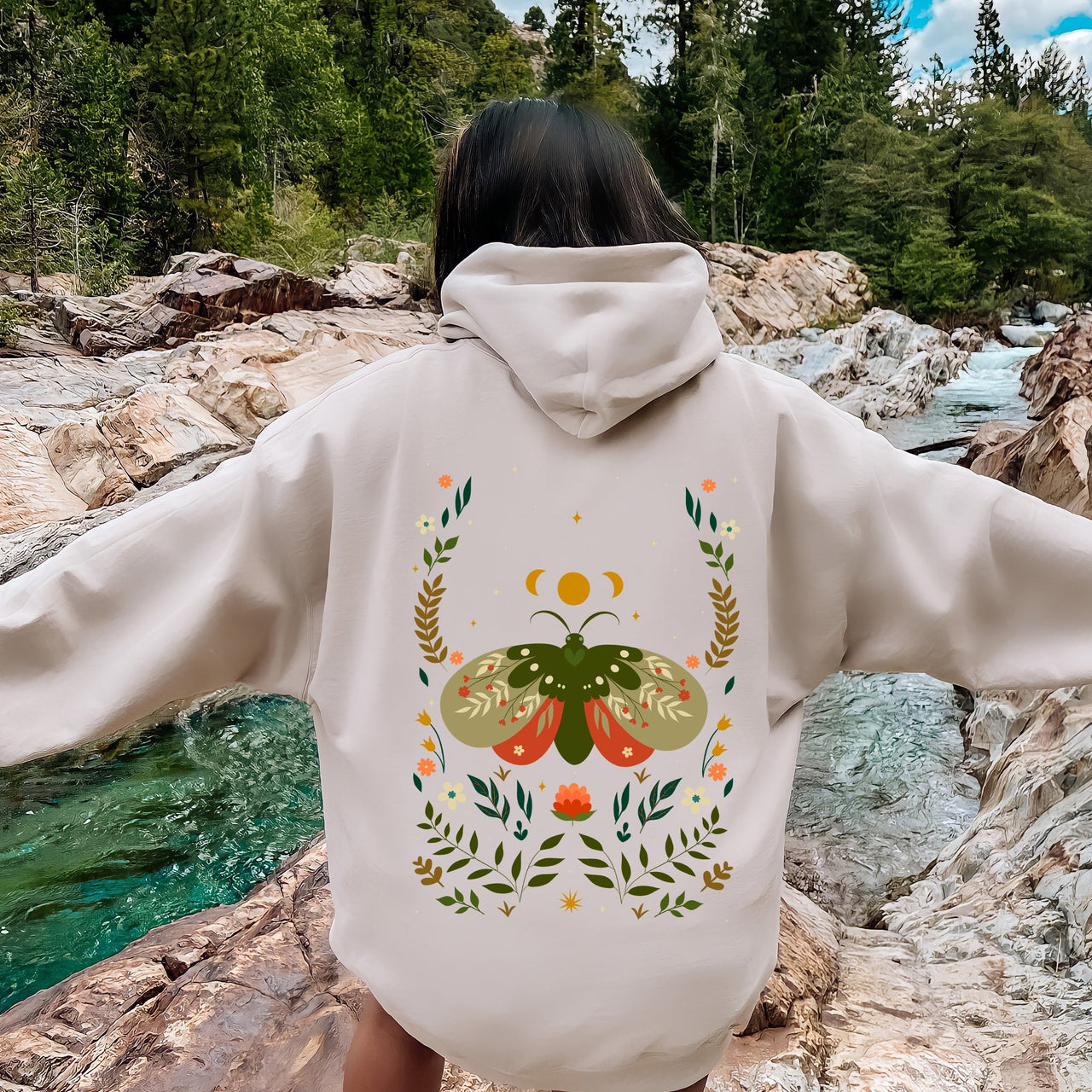Midnight Garden Dance Moth Moon And Floral Print Celestial Night Garden Illustration Hoodie