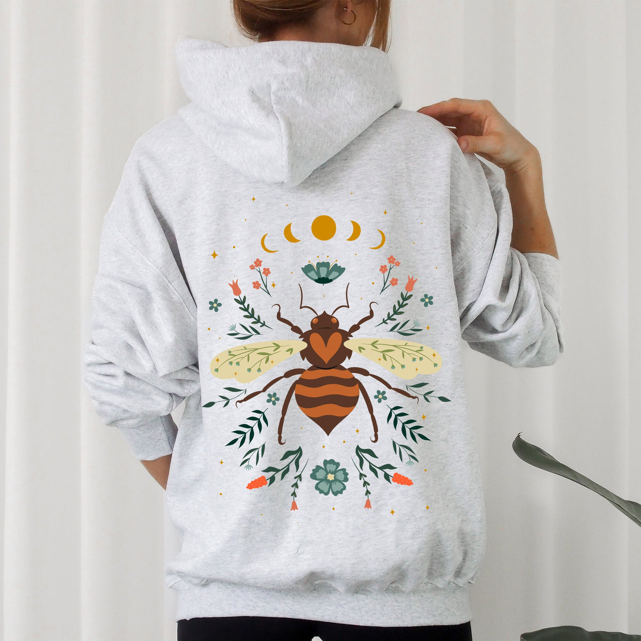 Honey Bee Forest Moon Botanical Design Nature Inspired Elegant Floral Sketch Night Sky Scene Hoodie