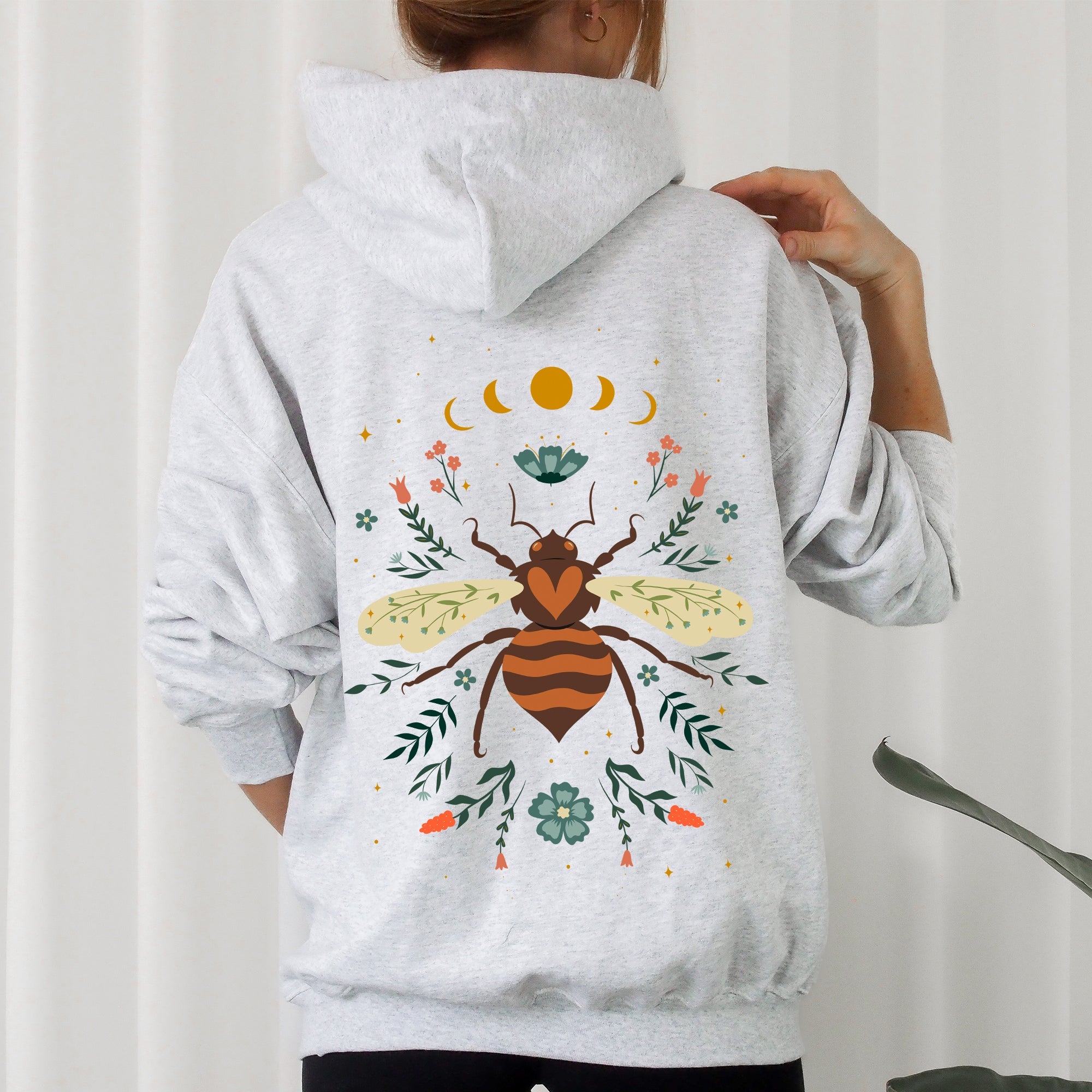 Honey Bee Forest Moon Botanical Design Nature Inspired Elegant Floral Sketch Night Sky Scene Hoodie