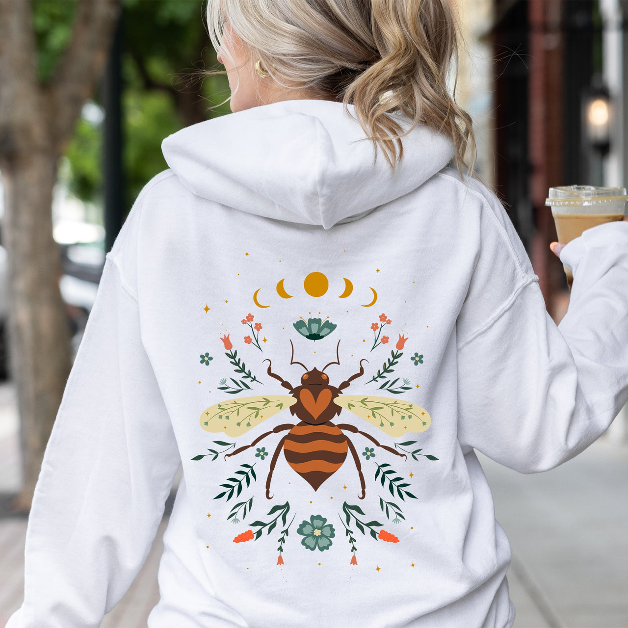 Honey Bee Forest Moon Botanical Design Nature Inspired Elegant Floral Sketch Night Sky Scene Hoodie