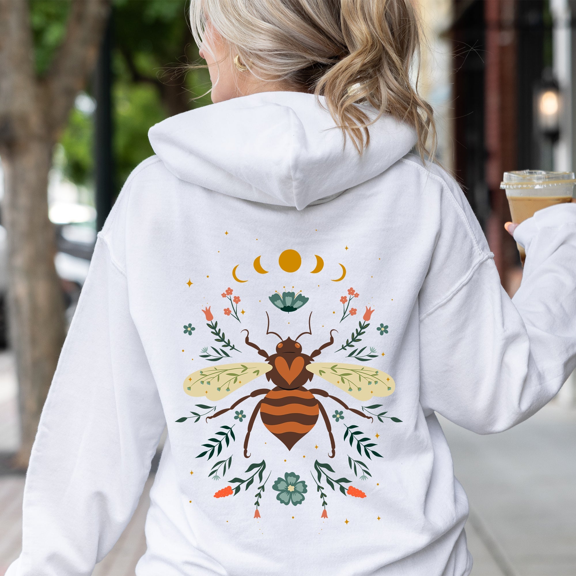 Honey Bee Forest Moon Botanical Design Nature Inspired Elegant Floral Sketch Night Sky Scene Hoodie