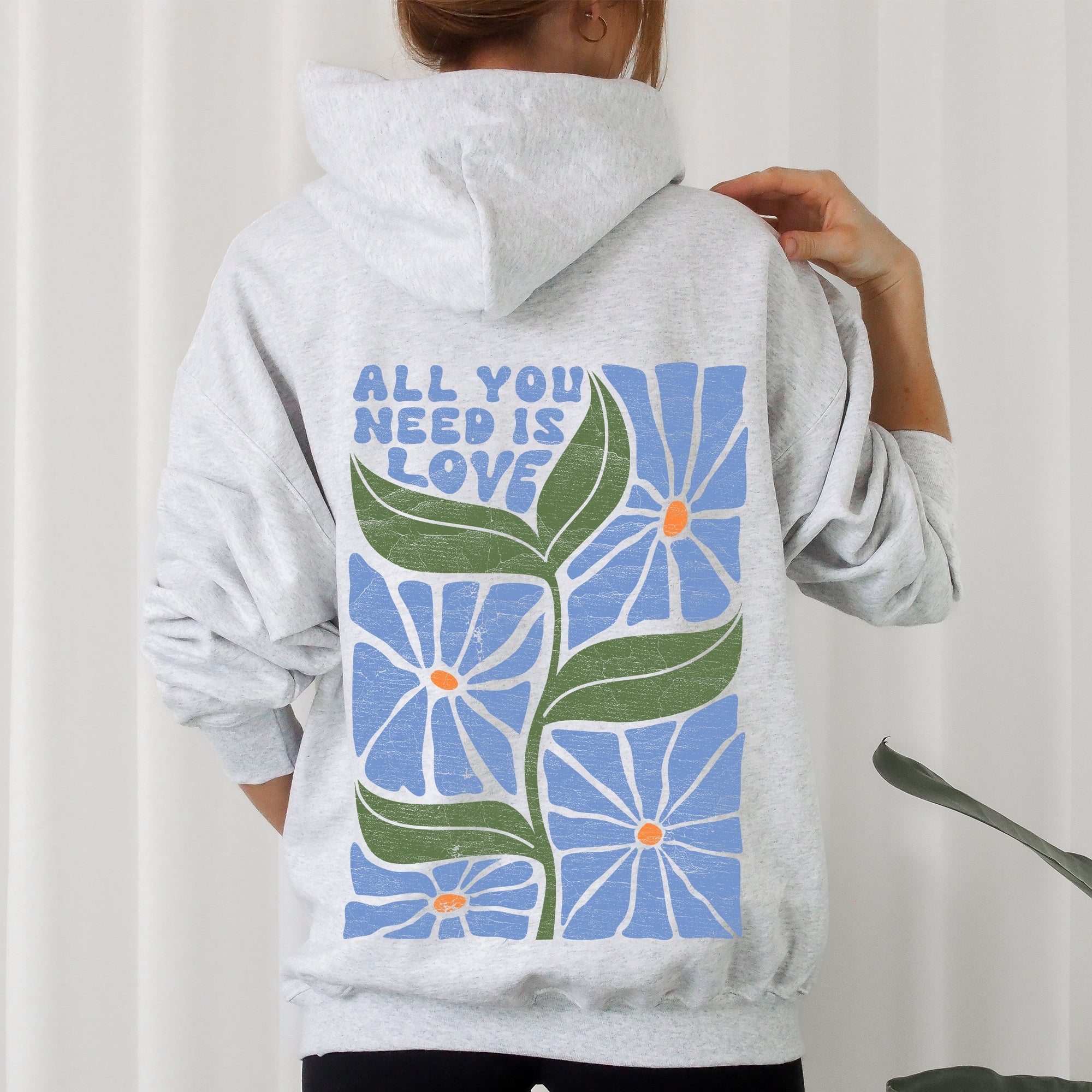 All You Need Is Love Retro Flowers Cozy Fleece-Lined Graphic Hoodie For Everyday Comfort