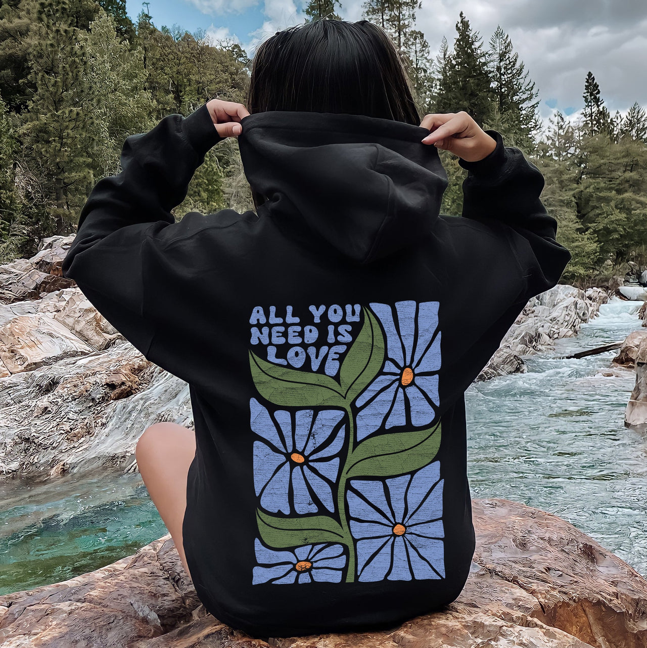 All You Need Is Love Retro Flowers Cozy Fleece-Lined Graphic Hoodie For Everyday Comfort