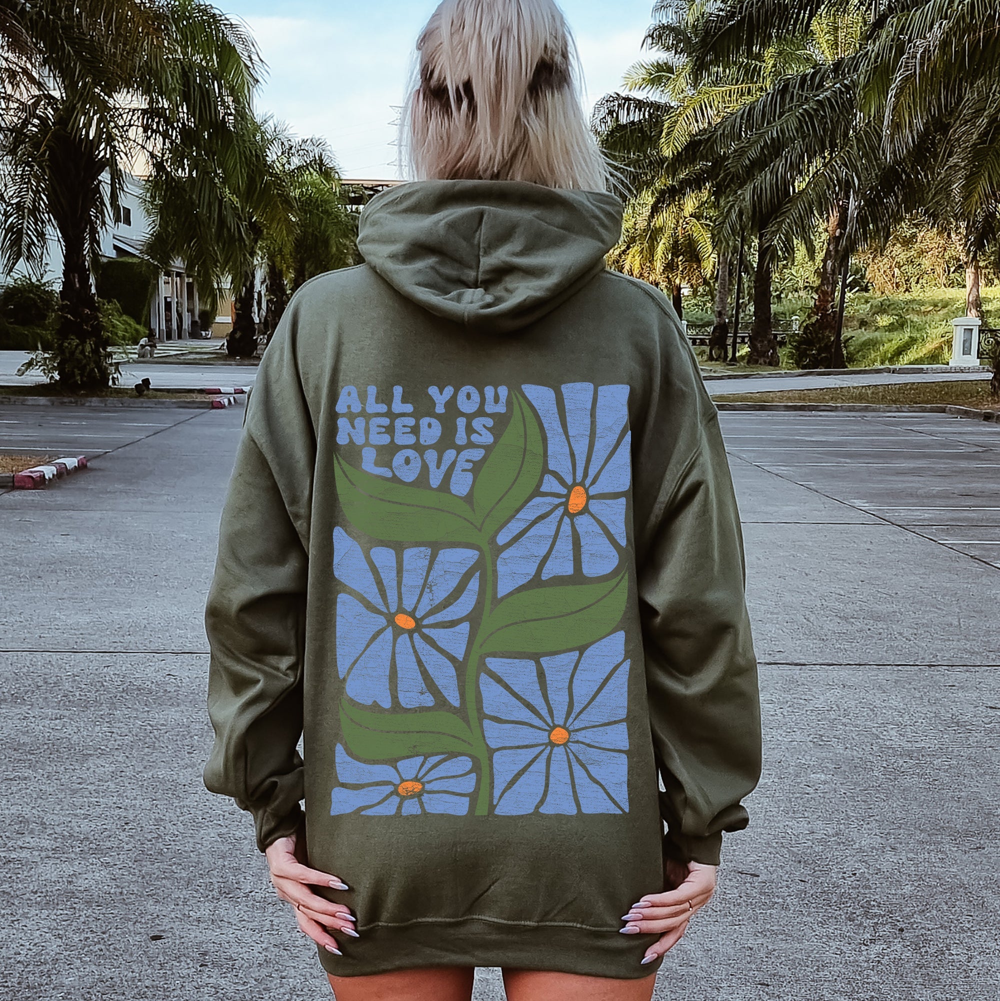 All You Need Is Love Retro Flowers Cozy Fleece-Lined Graphic Hoodie For Everyday Comfort
