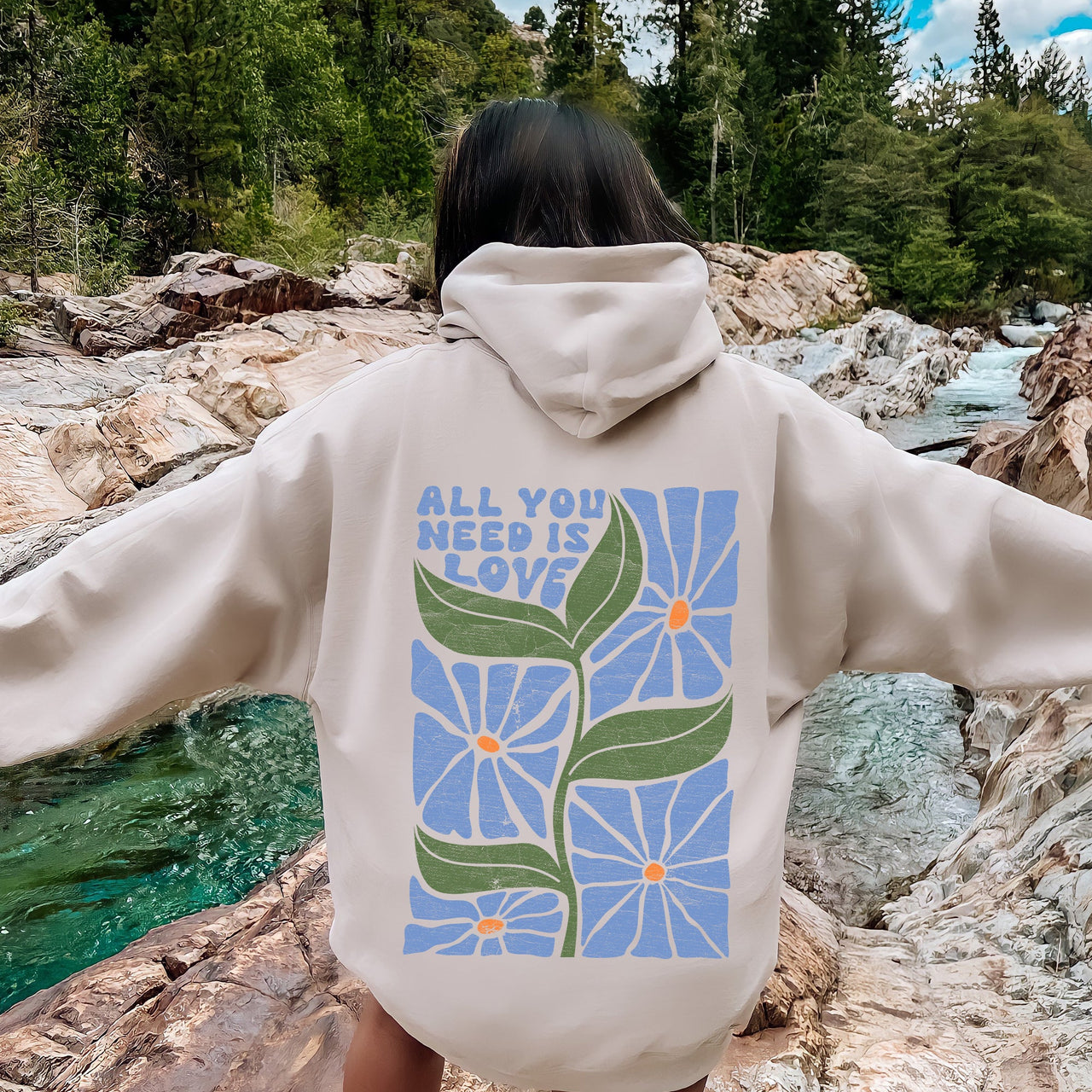 All You Need Is Love Retro Flowers Cozy Fleece-Lined Graphic Hoodie For Everyday Comfort