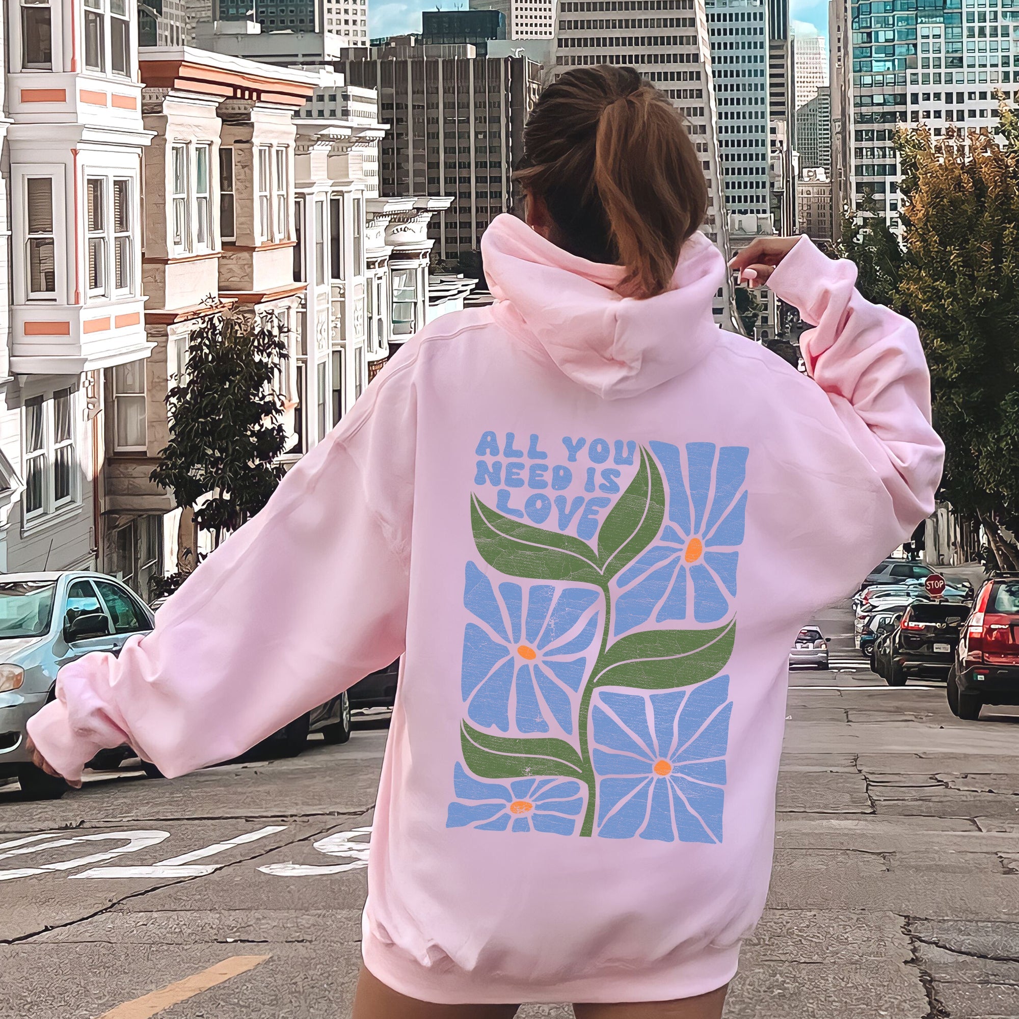 All You Need Is Love Retro Flowers Cozy Fleece-Lined Graphic Hoodie For Everyday Comfort
